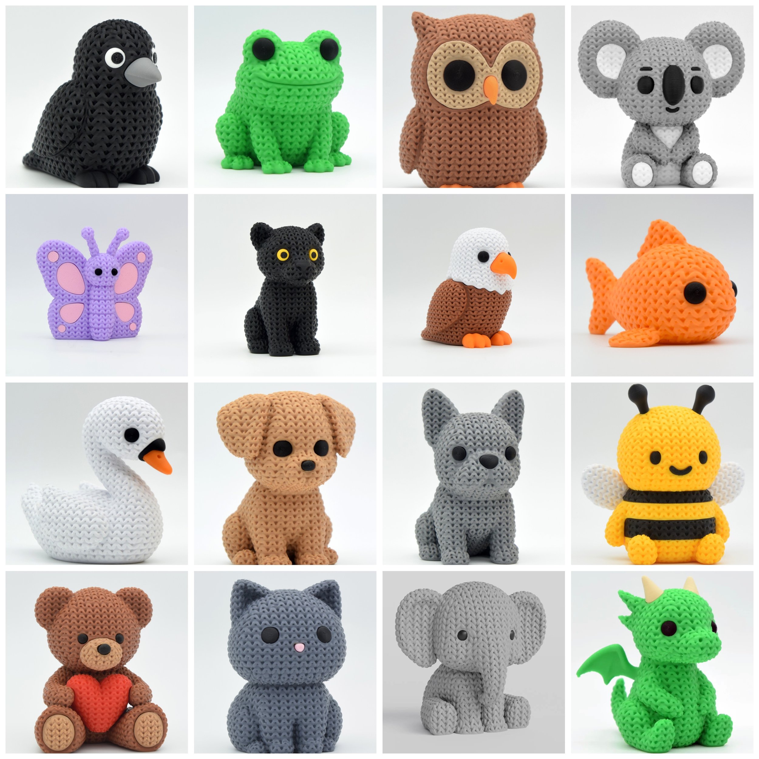 Collection of handcrafted knit-style collectible animals including a crow, frog, owl, koala, butterfly, panther, swan, puppy, French bulldog, bee, teddy bear, cat, elephant, eagle, goldfish, and dragon.