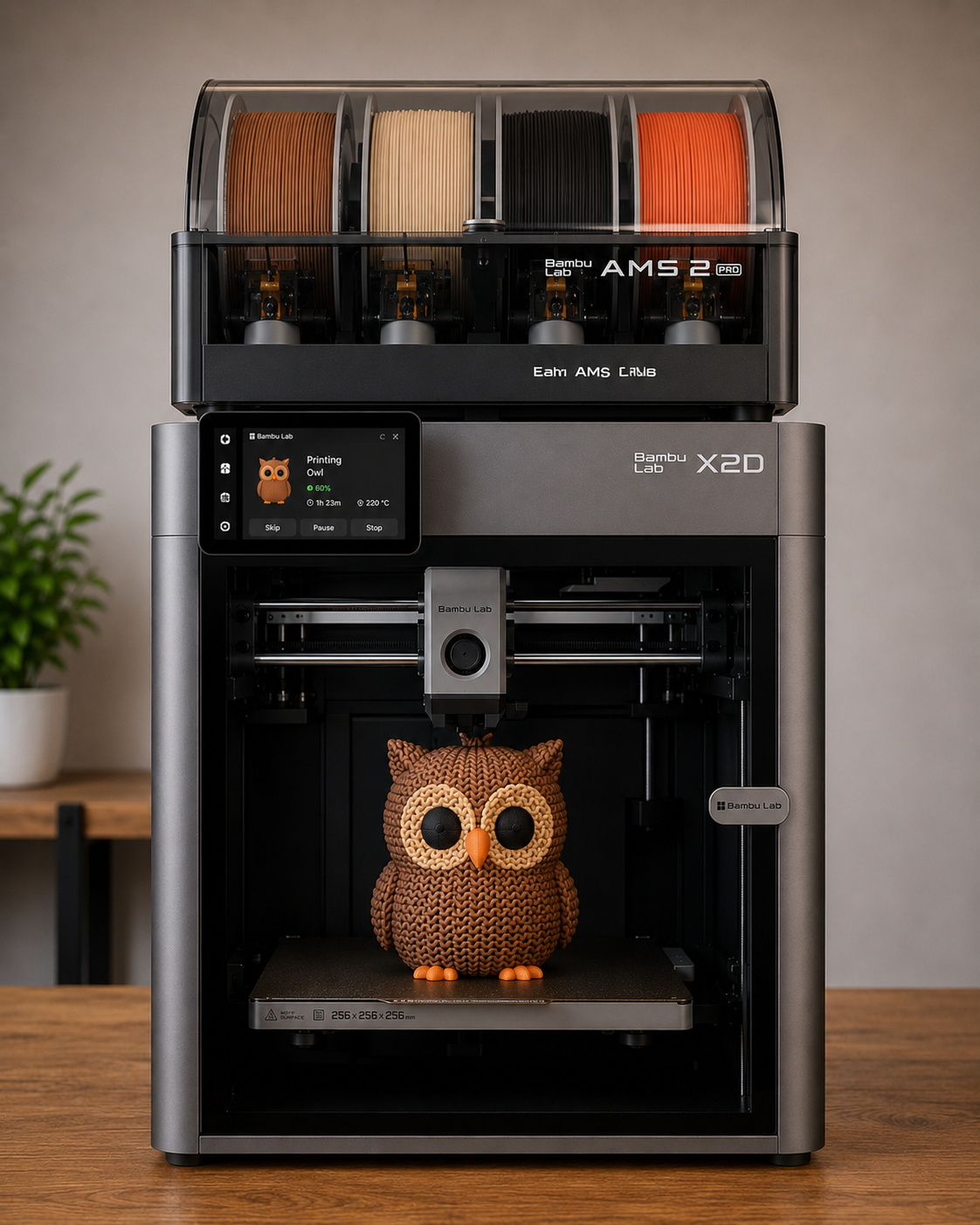 A 3D printer, specifically a Bambu Lab X2D, printing a knitted owl toy with large eyes and orange beak and feet. The printer has spools of filament on top in colors including orange, cream, black, and red, and features a touchscreen displaying the printing status.