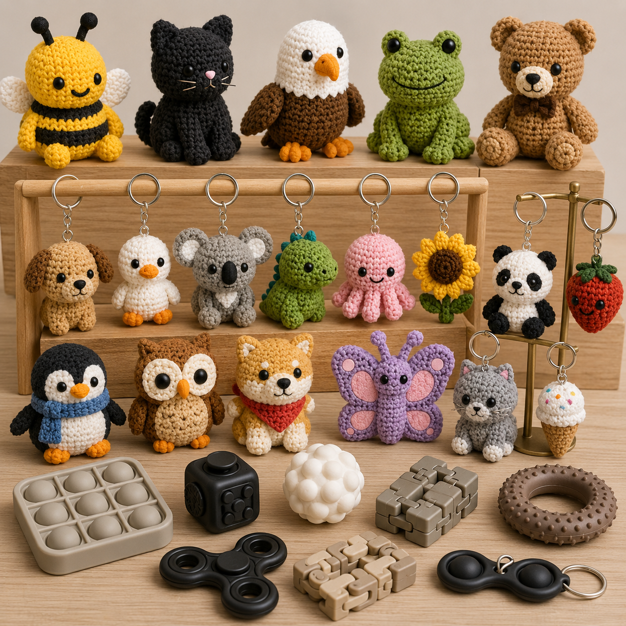 Collection of colorful crocheted animal and character toys with various small toys and accessories on a wooden surface.