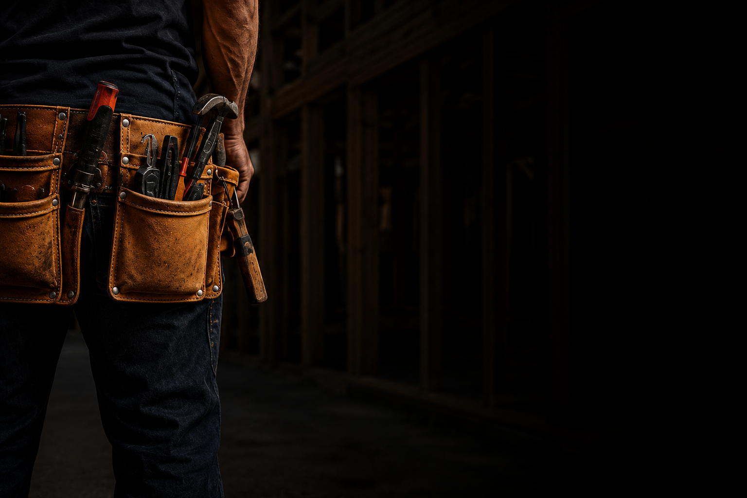 A person wearing a leather tool belt with various tools, standing in a wood frame structure.