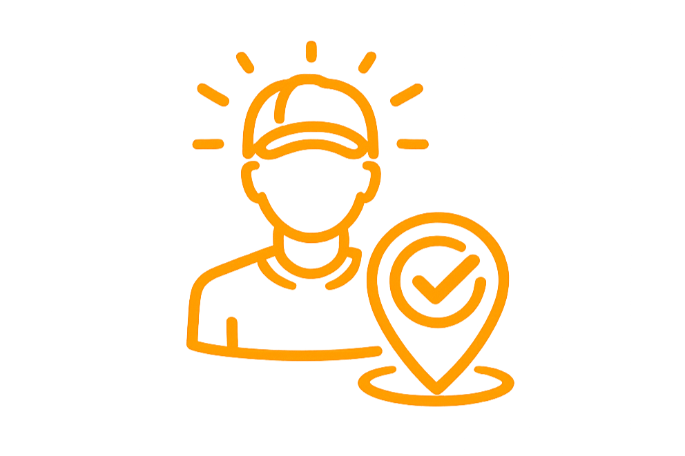 Outline illustration of a person with a cap, a location pin with a checkmark, and lines radiating from the head, representing certification or verified identity.