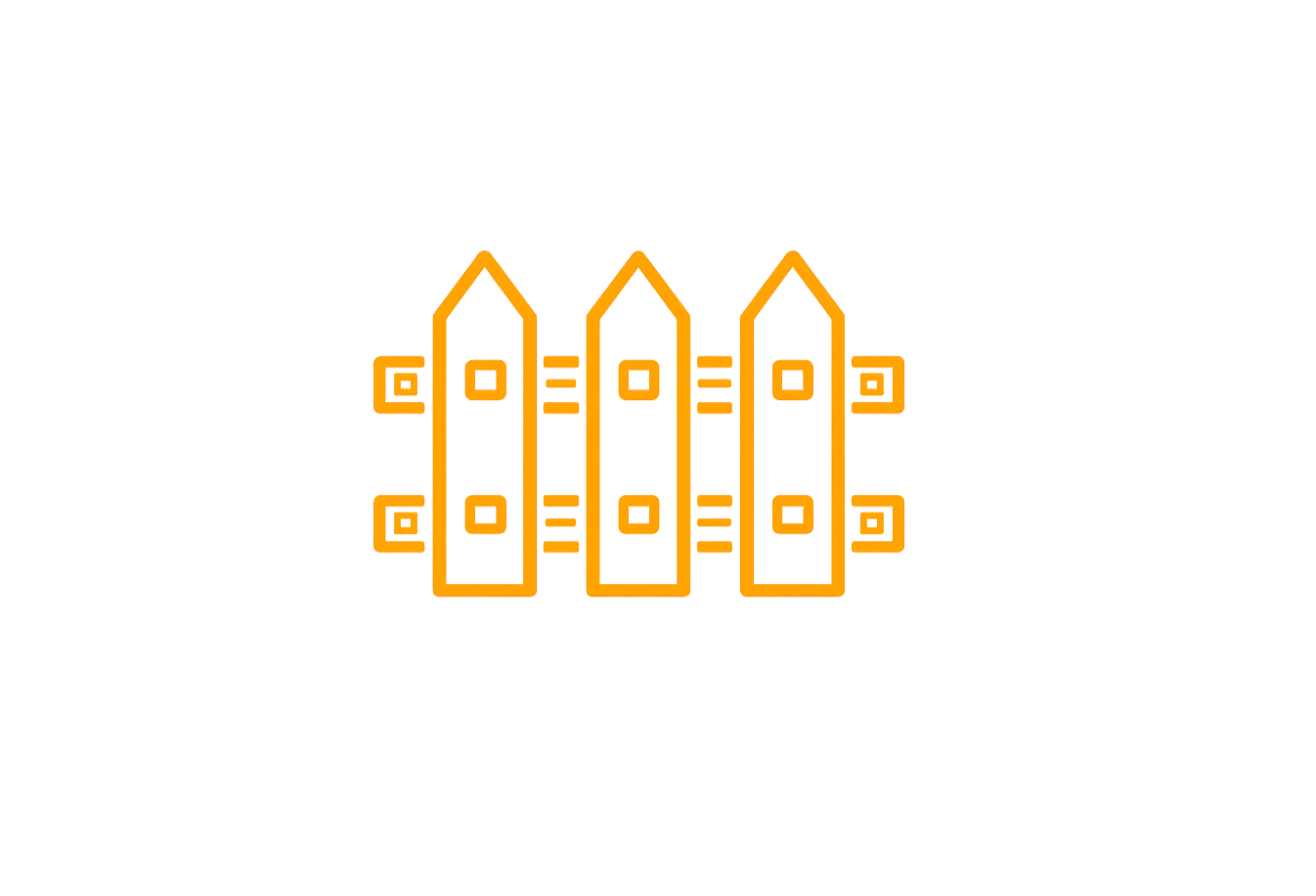 A yellow digital line art illustration of a wooden picket fence with decorative swirls on the sides, set against a black background.