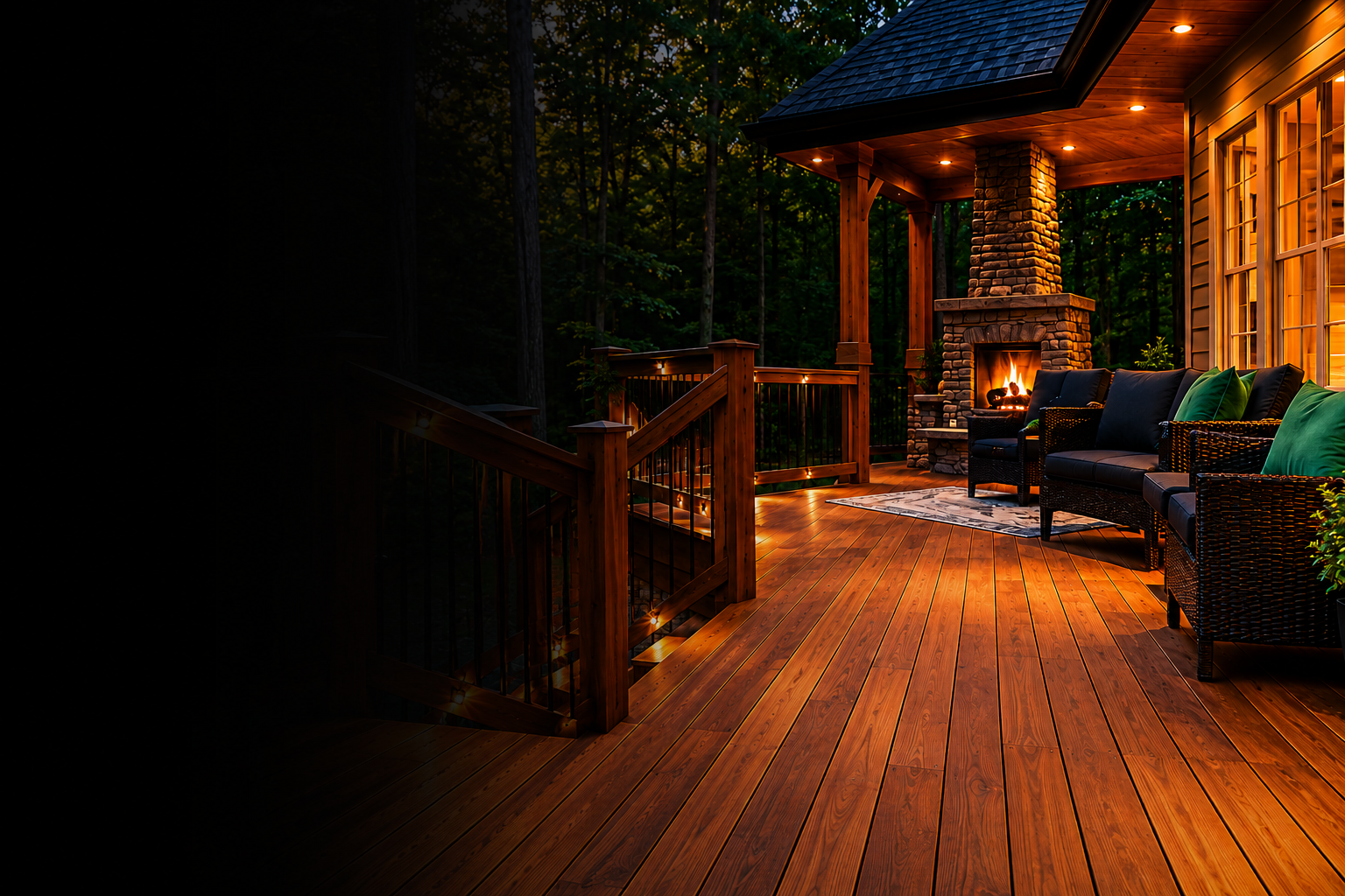 Wooden outdoor porch with a fireplace, wicker sofas with cushions, and tree-lined background, illuminated by string lights and lamps at dusk.