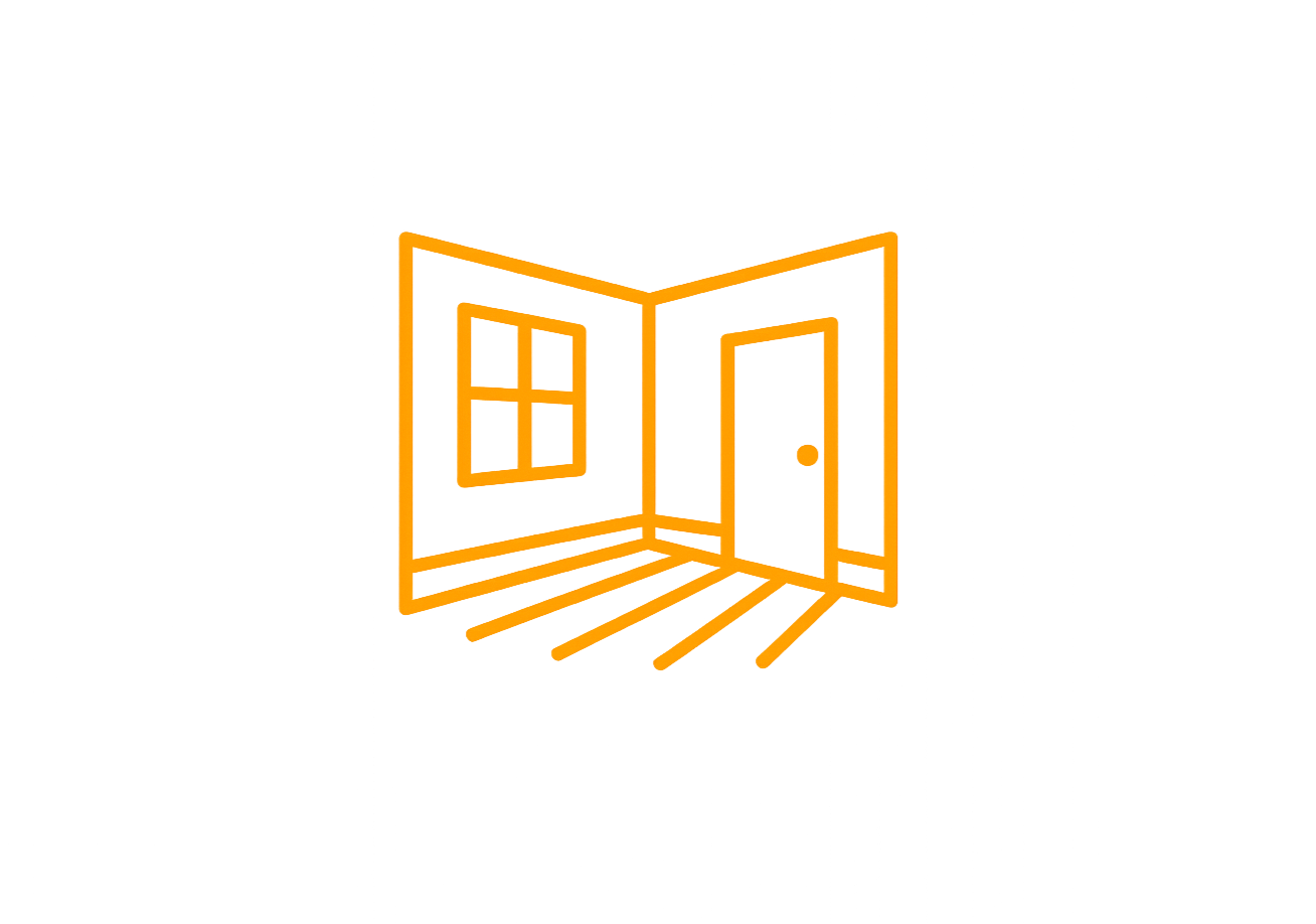Neon orange outline of a house interior with a window, door, and floorboards against a black background.