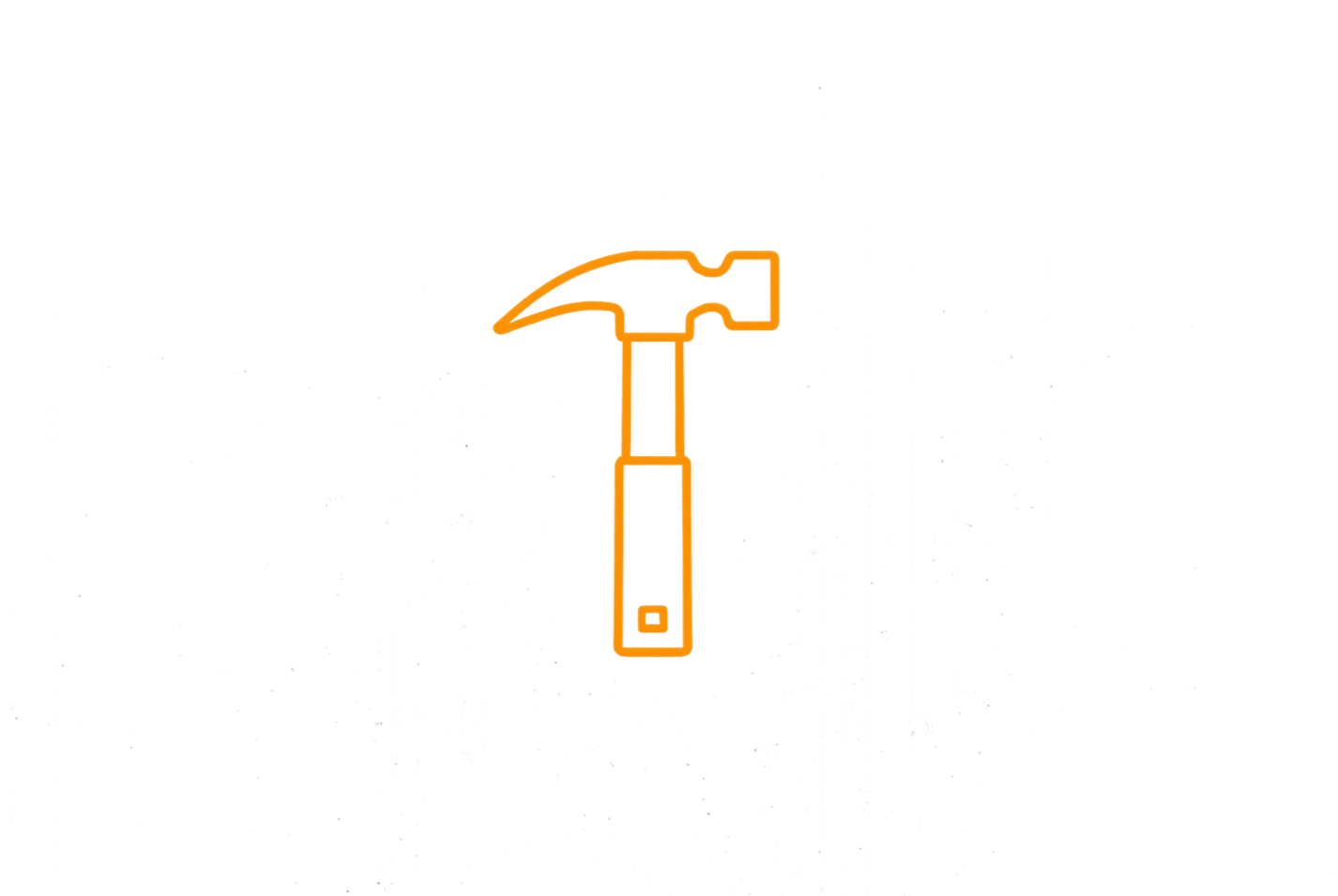 Neon sign of a hammer with orange outline and black background.