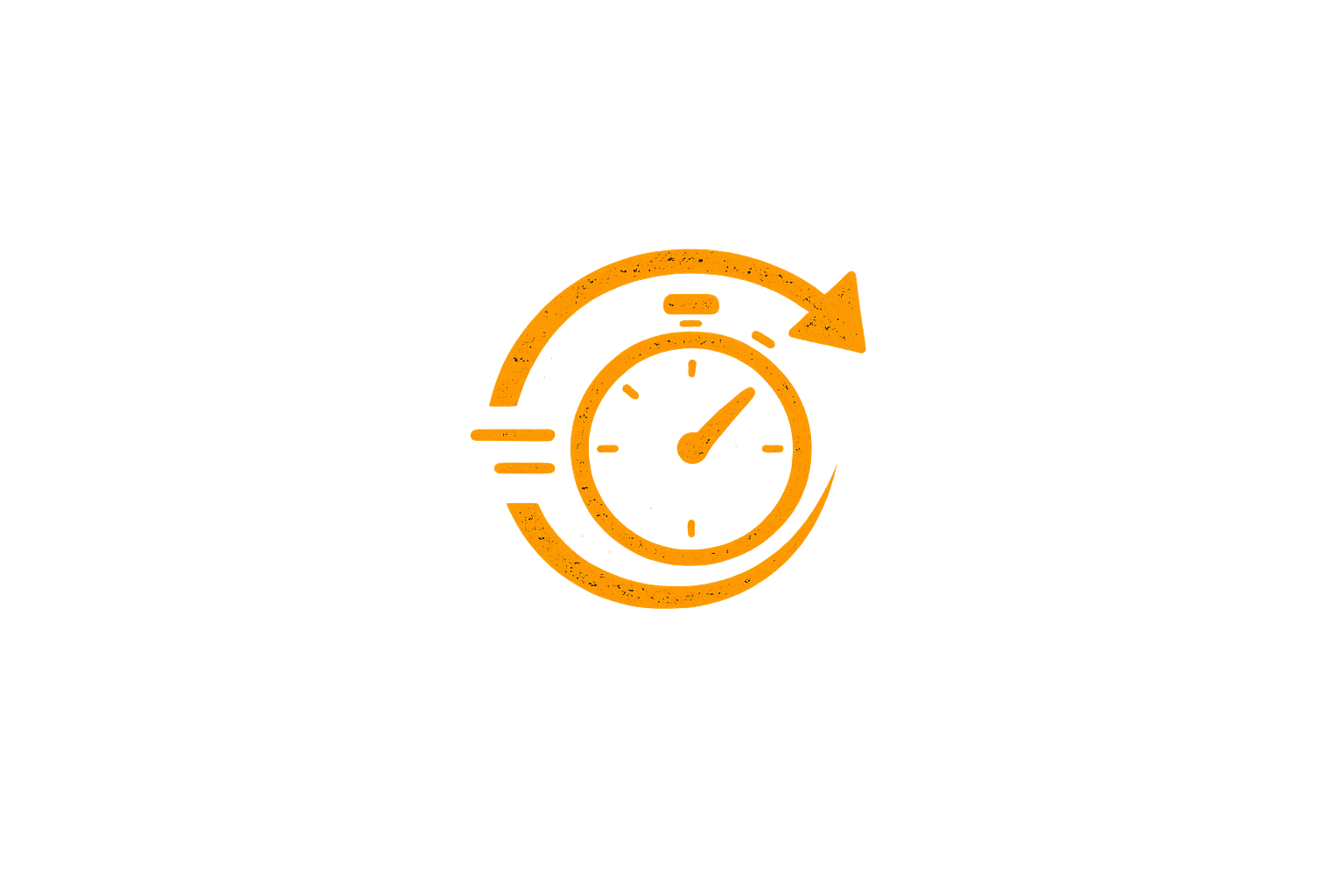 Orange icon of a clock with a curved arrow around it, indicating time or speed, on a black background.