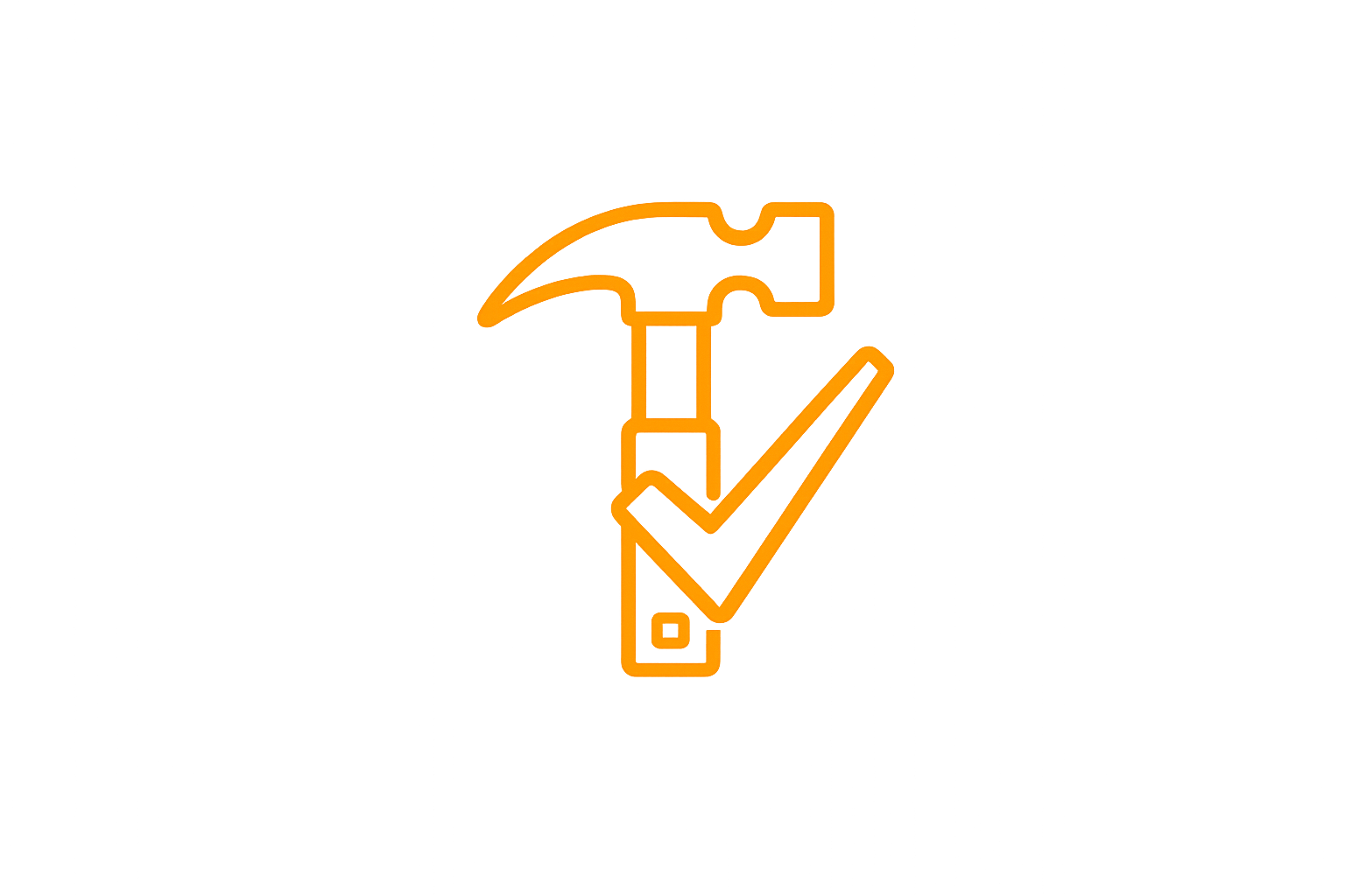Neon sign of a hammer and a checkmark, with the hammer's head stylized to resemble a clock.