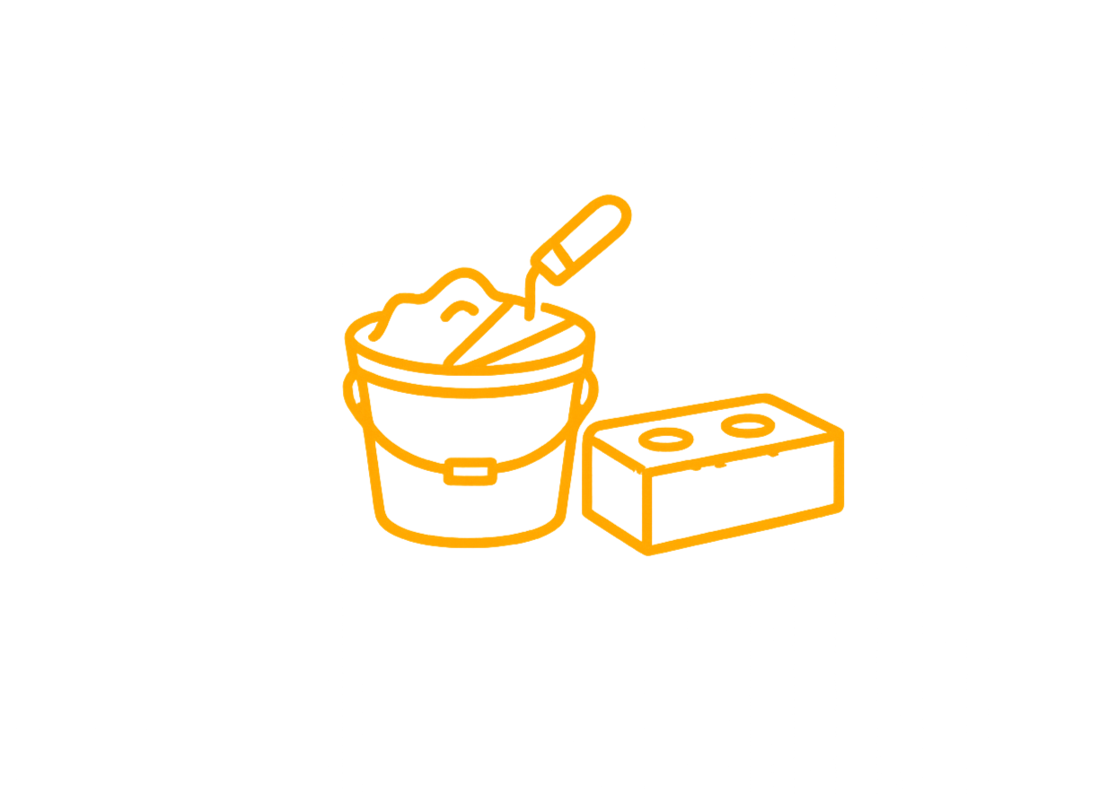 Orange outline illustration of a bucket with a spatula inside, and a brick, on a black background