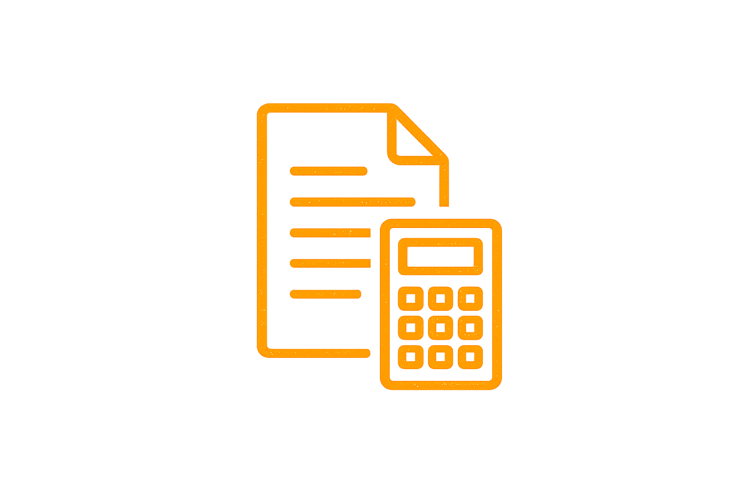 Neon orange line drawing of a document and a calculator on a black background.