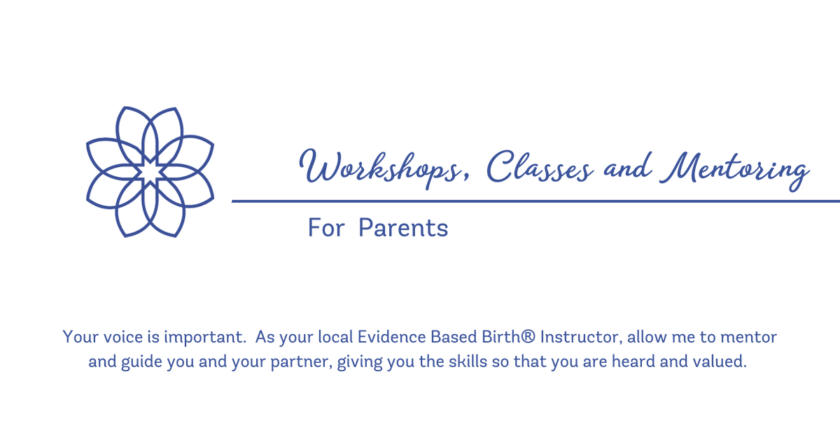 Logo for Workshops, Classes, and Mentoring for Parents featuring a blue flower design and text emphasizing the importance of parental voices in birth education.