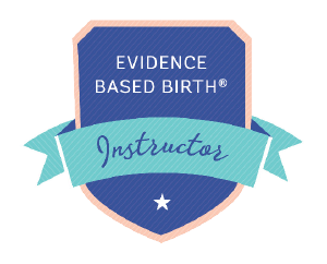 A shield-shaped badge with a blue background and pink border, displaying the text 'EVIDENCE BASED BIRTH' at the top. A light blue ribbon across the middle reads 'Instructor' with a star underneath.