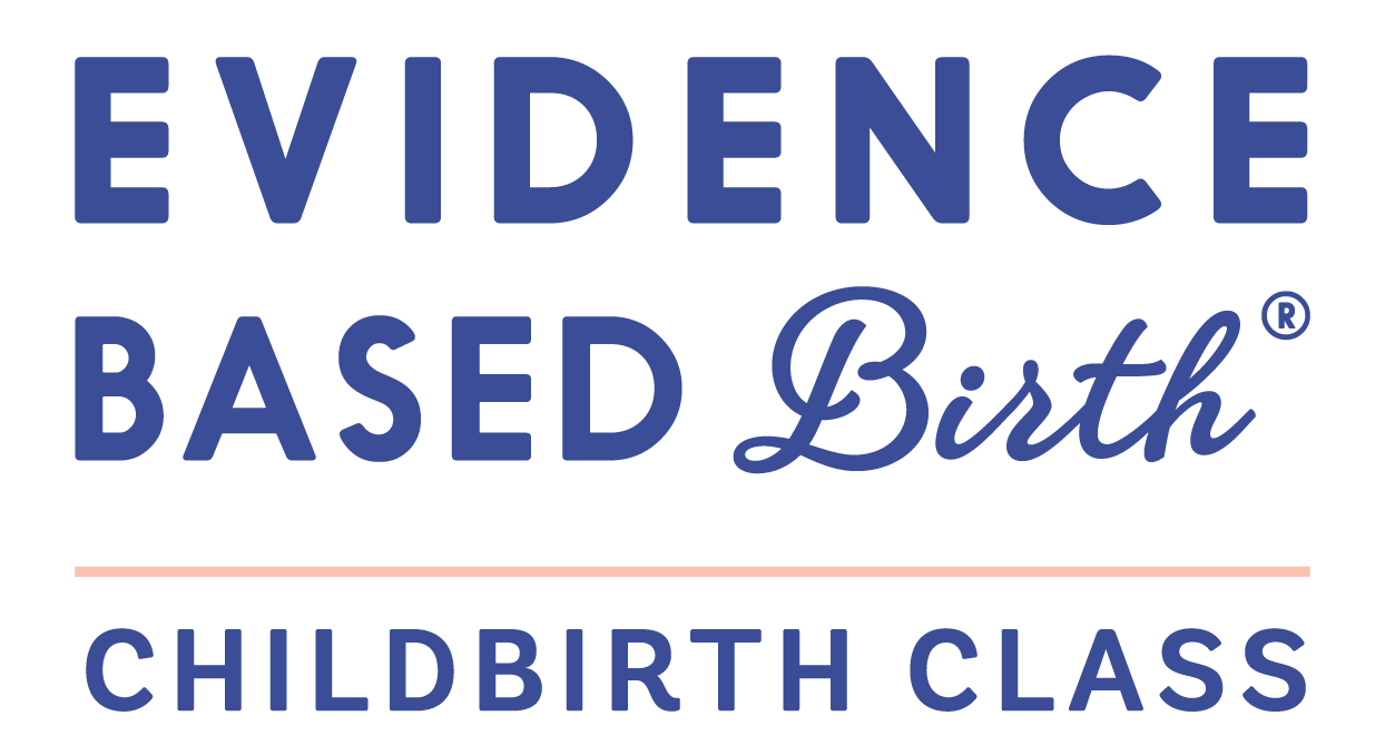 Text graphic reading "Evidence Based Birth Childbirth Class" in blue and pink colors