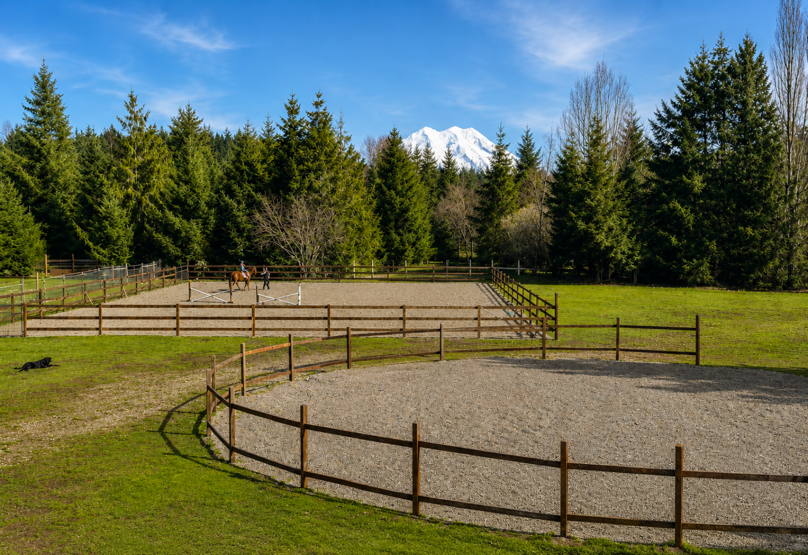 Outdoor riding arena at an equestrian property in the South Puget Sound region of Washington, with fenced horse facilities and Mount Rainier views.