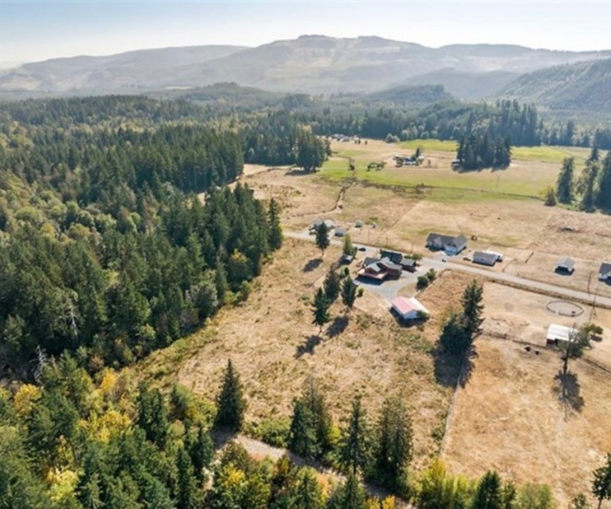 Aerial view of a 10-acre horse property listed by Caitie Henselman in Yelm, Washington, with pasture, acreage, and mountain views