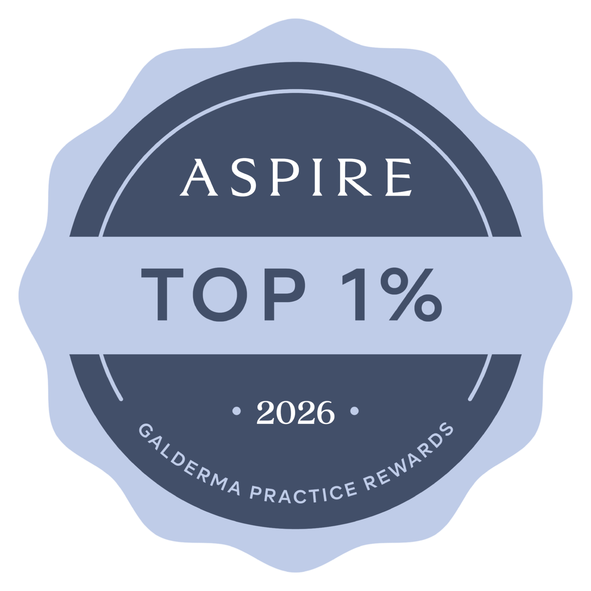 Close-up of a badge with the word 'ASPIRE' and text indicating a top 1% recognition for dermatology practice awards in 2026.