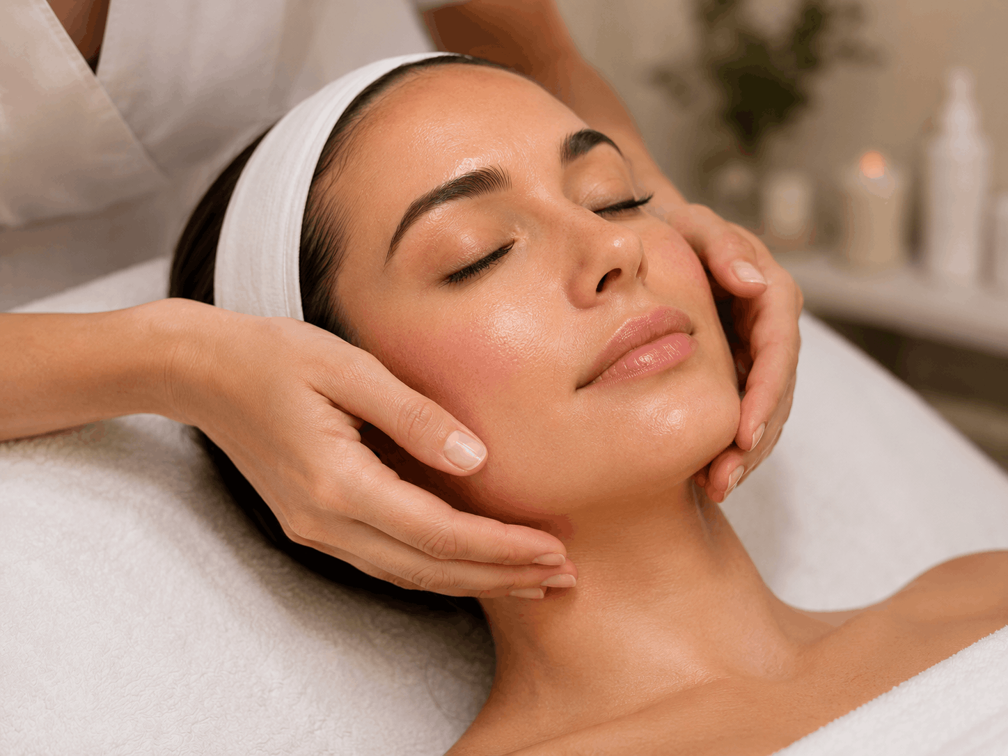A woman receiving a facial treatment with a handheld device while lying down with her eyes closed and wearing a white hair cap, in a clinical setting.