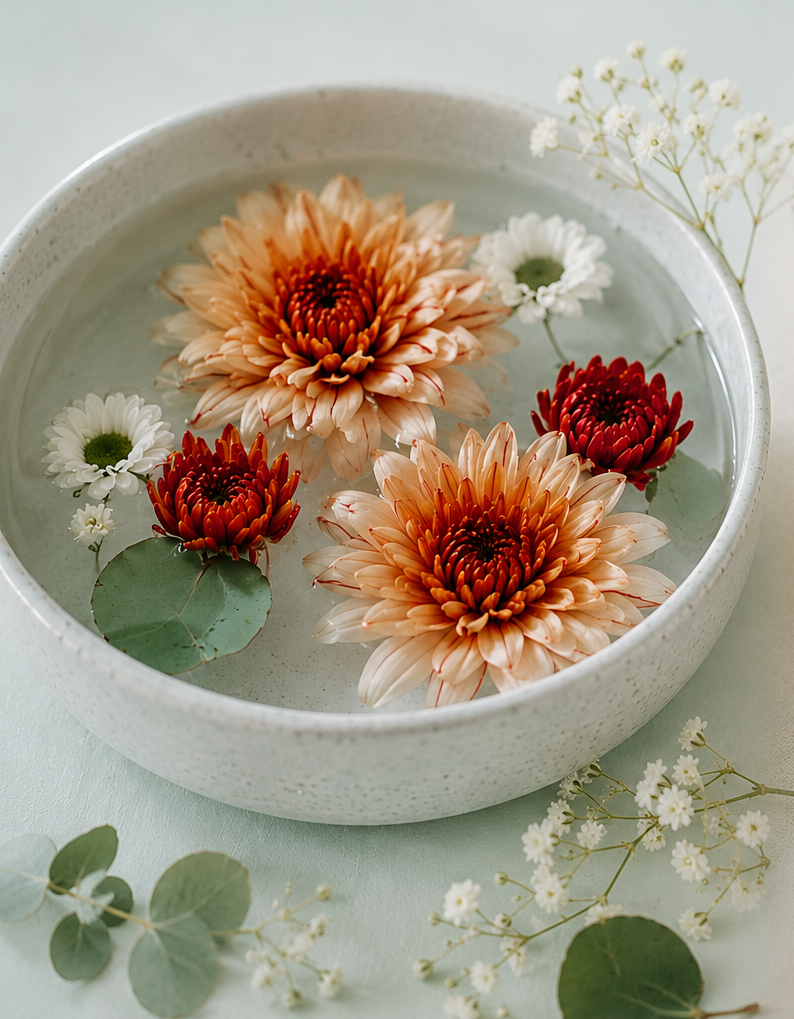 A white bowl filled with water contains floating flowers, including large peach-colored chrysanthemums, red chrysanthemums, and small white daisies, with eucalyptus leaves and additional small white flowers scattered around the bowl.