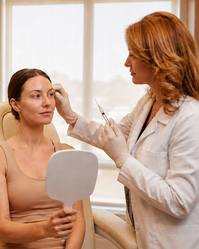 A healthcare professional wearing pink gloves giving an injection to a woman with blonde hair in her upper arm.