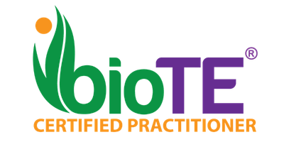 bioTE Certified Practitioner logo with green leaf and orange circle, purple text, and orange certification banner.