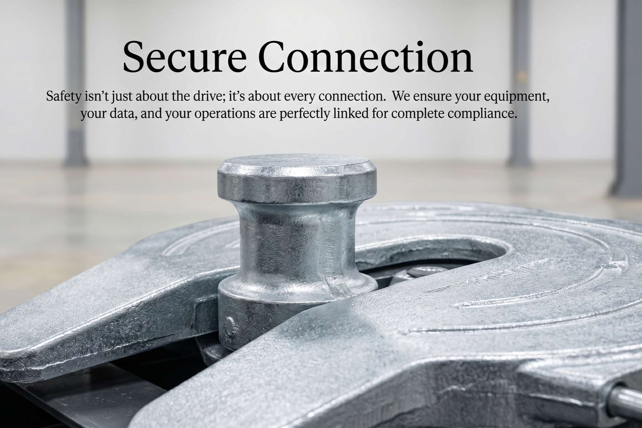 Close-up of a metallic lock mechanism on a machine, with a blurred background and a sign that reads 'Secure Connection' and text about ensuring equipment, data, and operations are linked for compliance.