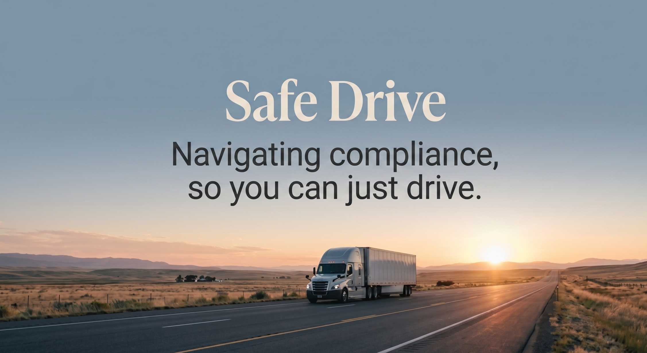 A highway with a semi-truck driving during sunset in a vast open landscape under a clear sky, overlaid with text about safe driving and compliance.