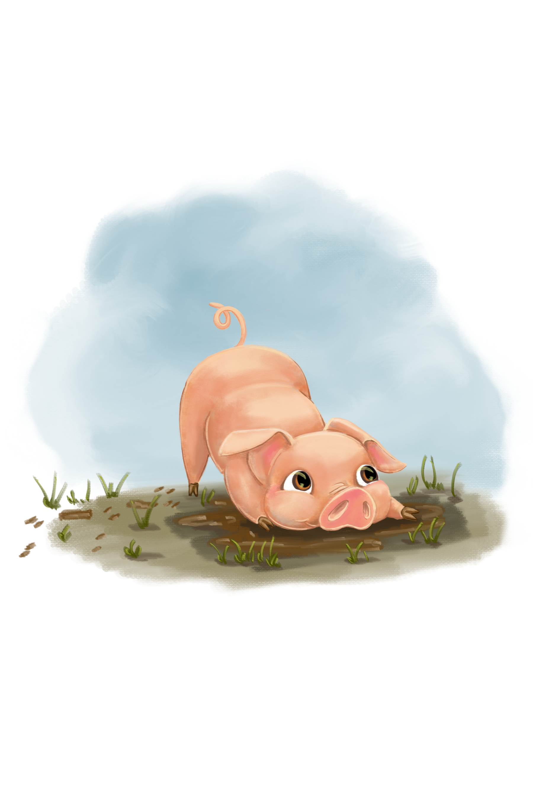 A cute cartoon piglet with big eyes, lying on the ground on its belly with its front legs straight and its head resting on the dirt, surrounded by small patches of grass and dirt, under a soft blue sky with wispy clouds.