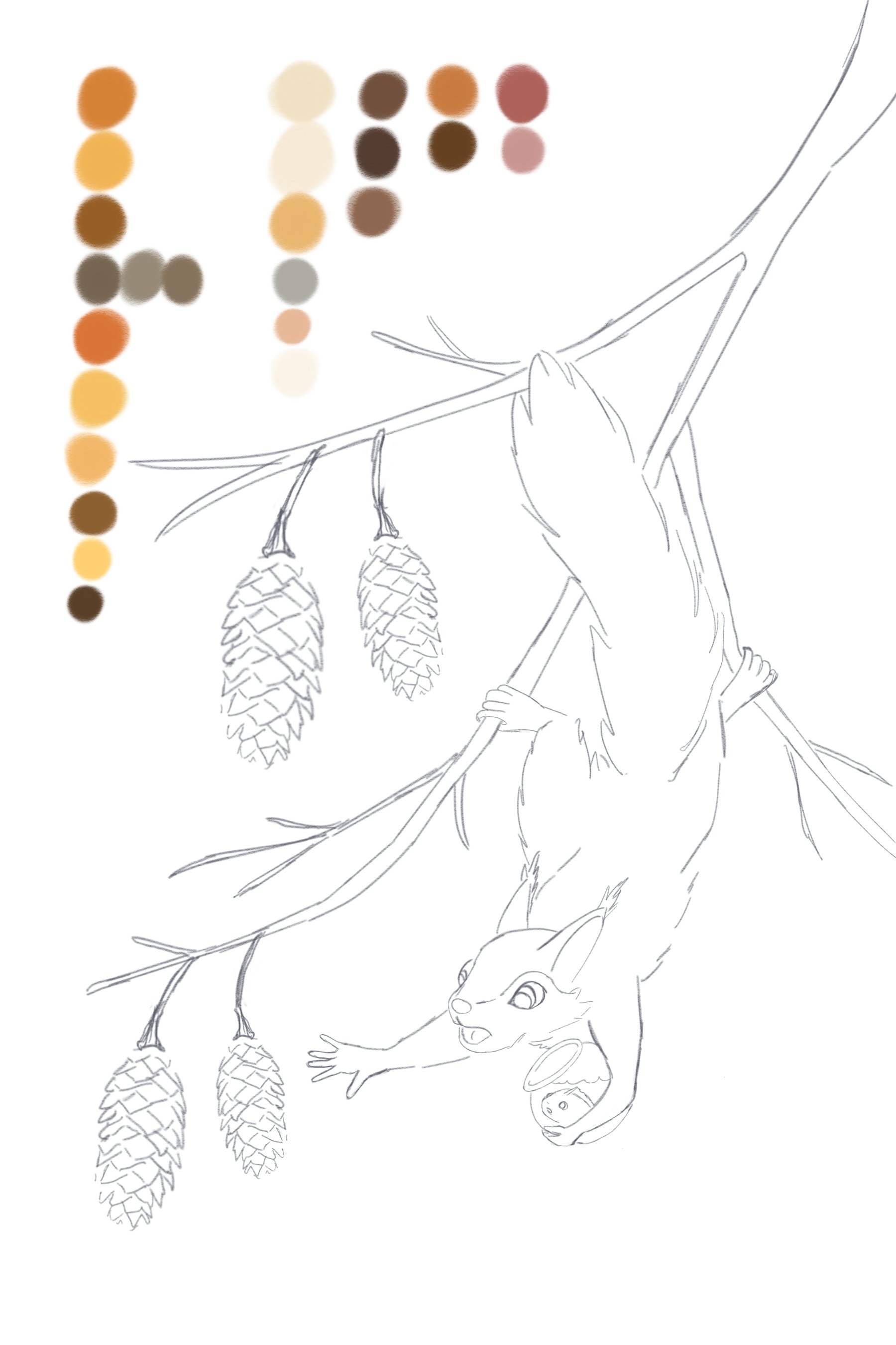 Line drawing of a squirrel hanging upside down on a branch, with pinecones hanging from it and a cluster of colored circles in the upper left corner.