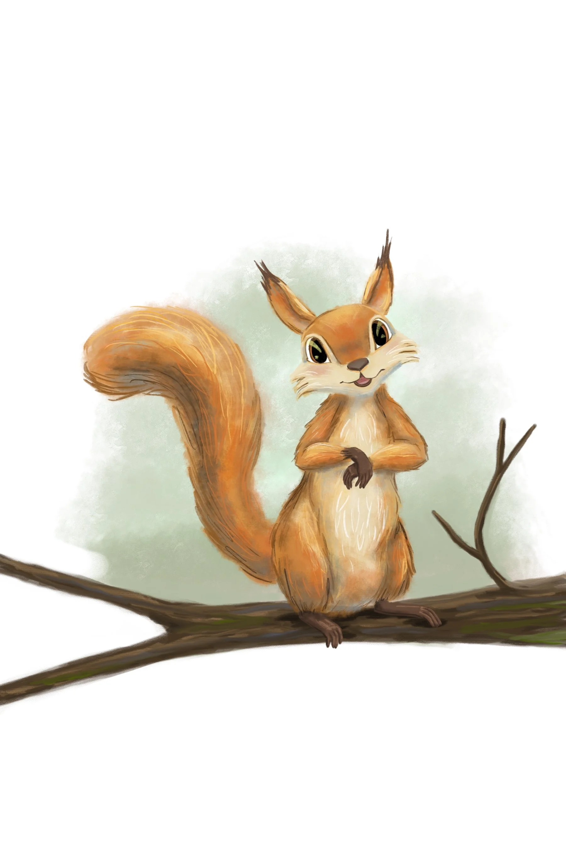A cartoon squirrel with a bushy tail and expressive eyes standing on a branch.