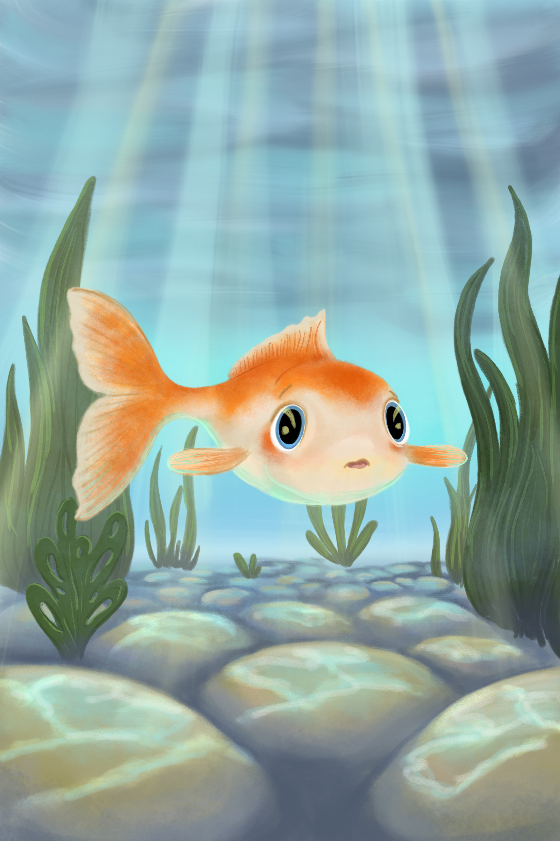 An animated orange fish with large blue eyes swims underwater among green seaweed and rocks, with sunlight filtering down from above.