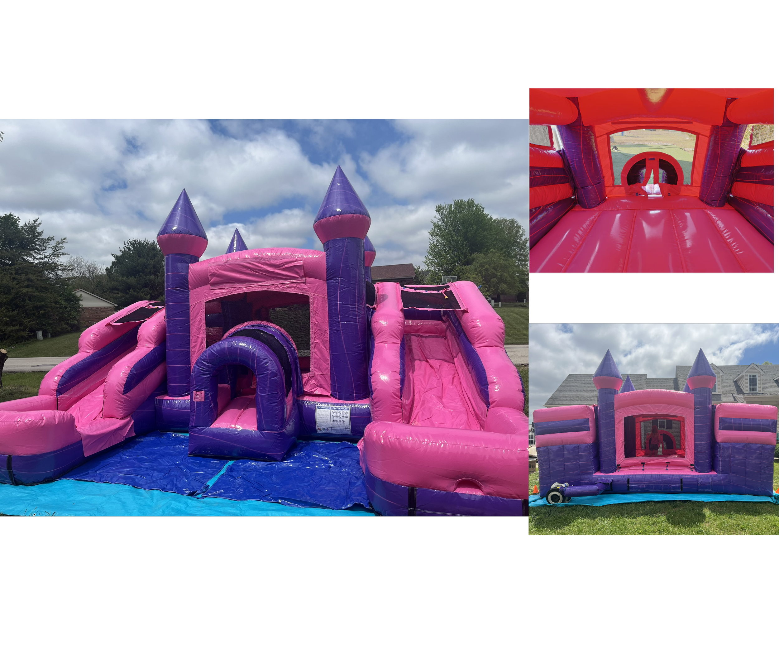 Pink and purple inflatable bounce house with castle-like towers and an enclosed slide, set up outdoors on grass with houses and trees in the background.