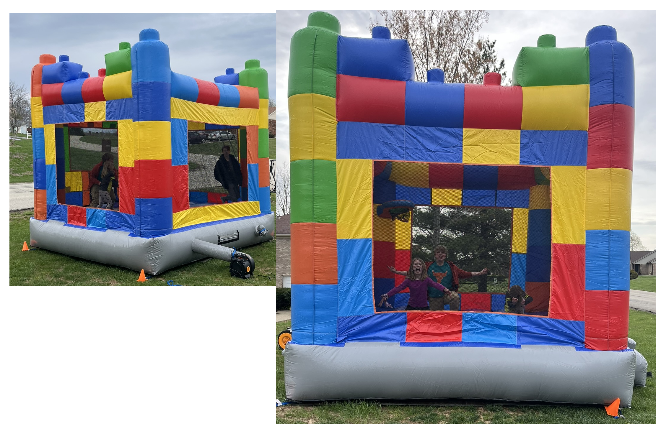 Colorful inflatable bounce house with children playing inside and outside on a grassy yard on a cloudy day.