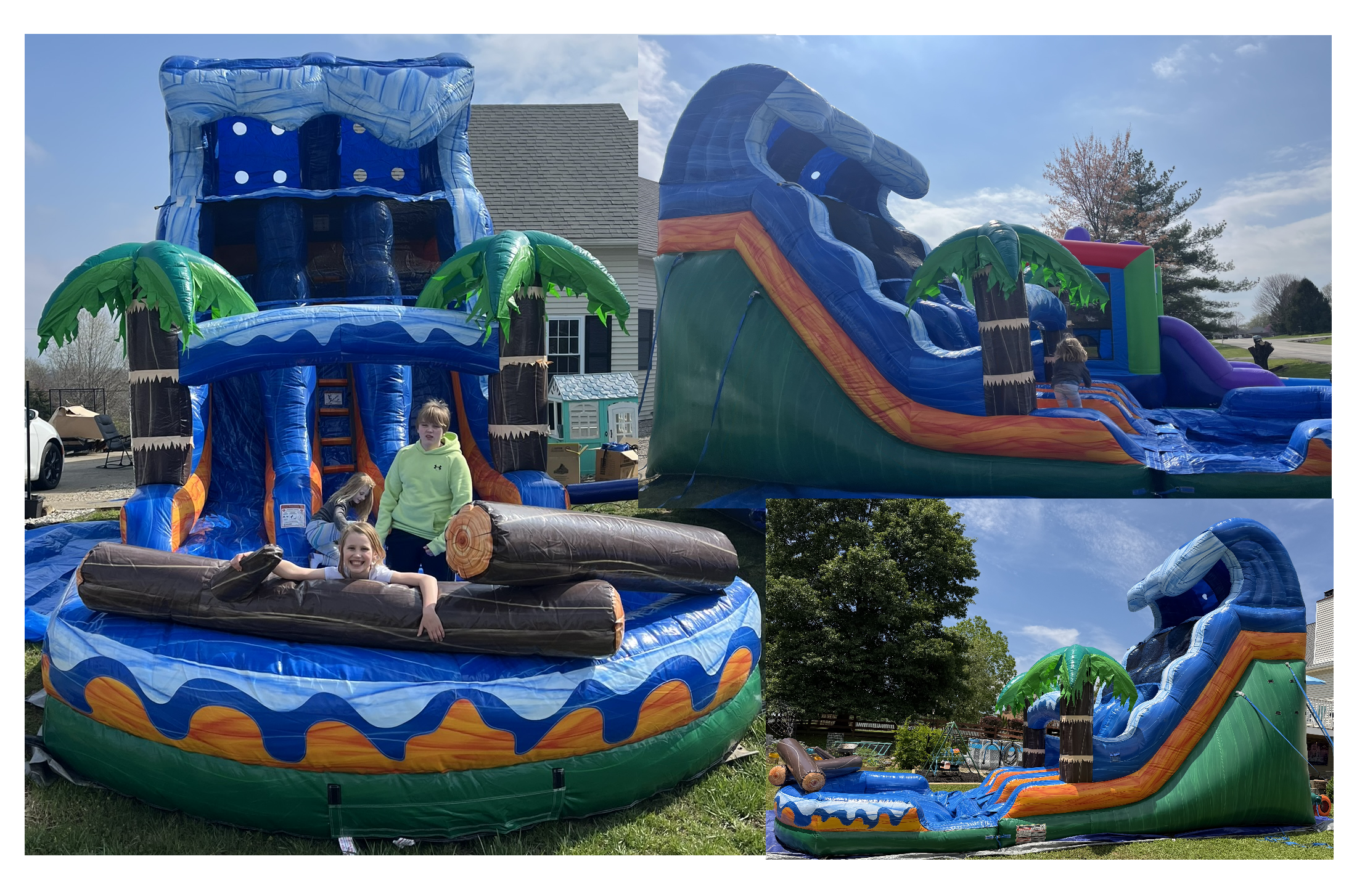 Colorful inflatable water slide and obstacle course set up in a backyard, with children playing on it, surrounded by trees and a house in the background on a sunny day.