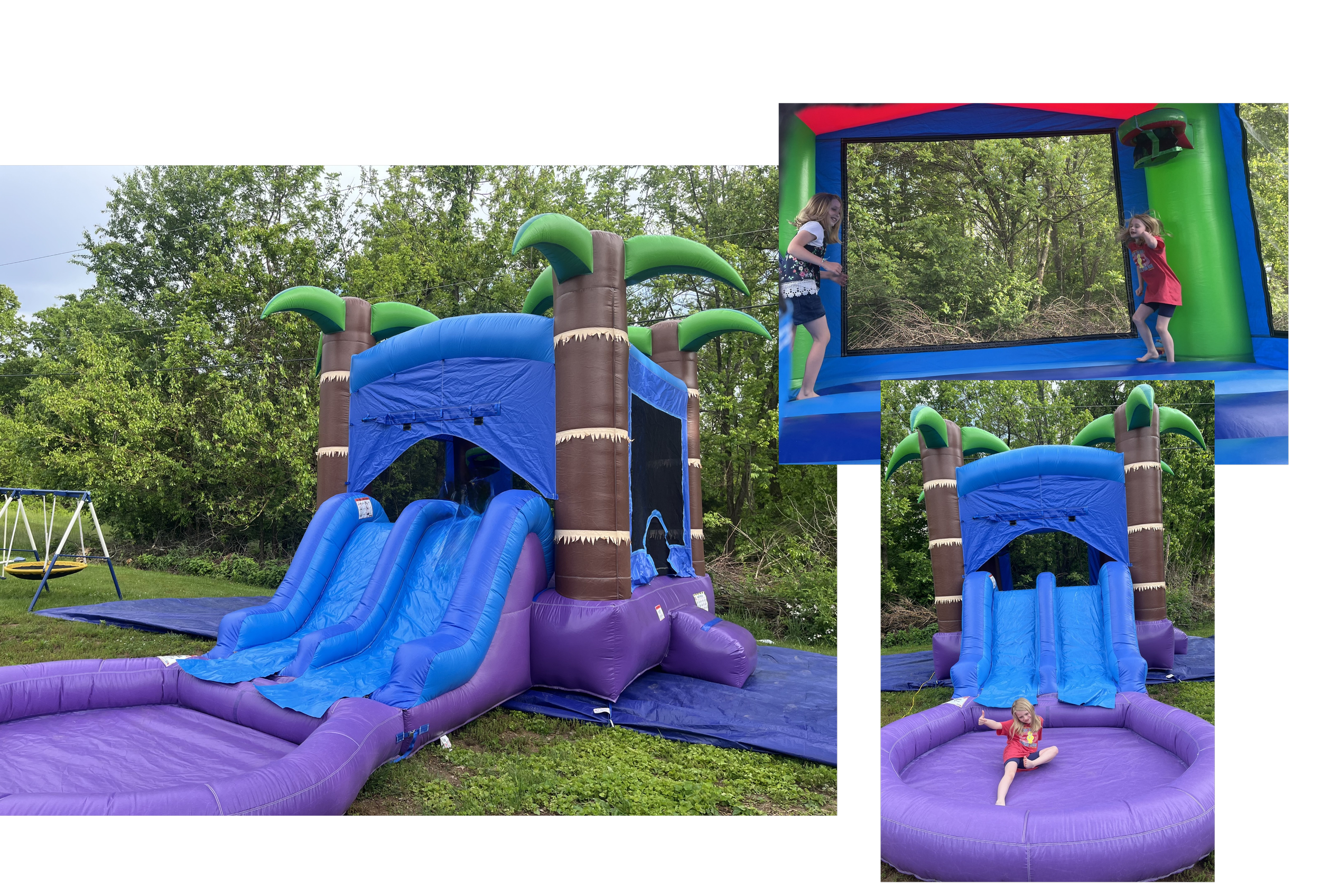 Children playing on an inflatable playground with slides and a bounce area, surrounded by green trees outdoors.