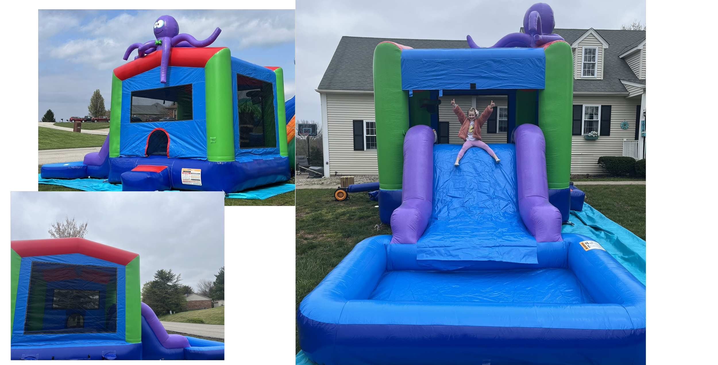 Colorful inflatable bounce house with an octopus design on top, set up on a grassy yard in front of a house. A girl is jumping on the slide attached to the bounce house, smiling and giving thumbs up.