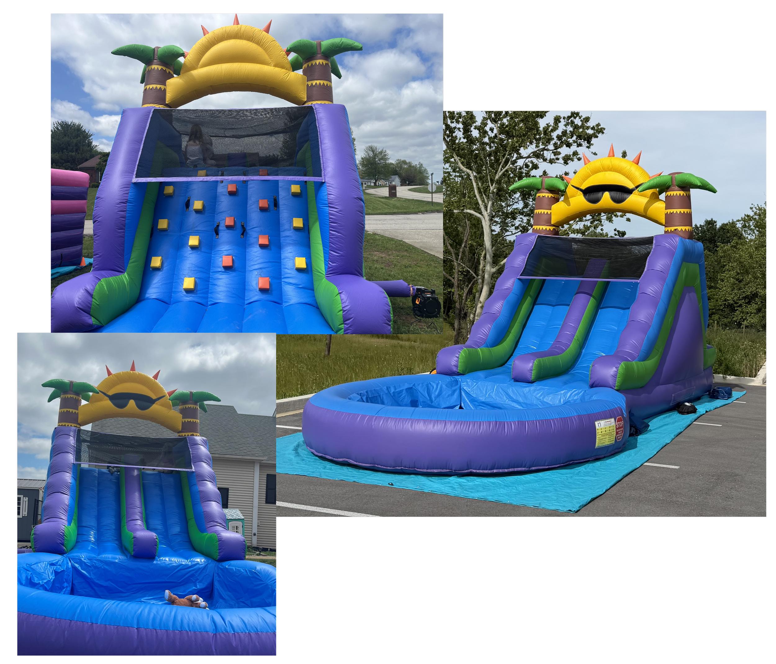 Colorful inflatable slide shaped like a sun with sunglasses and palm trees, set up outdoors on a parking lot with trees and a cloudy sky in the background.