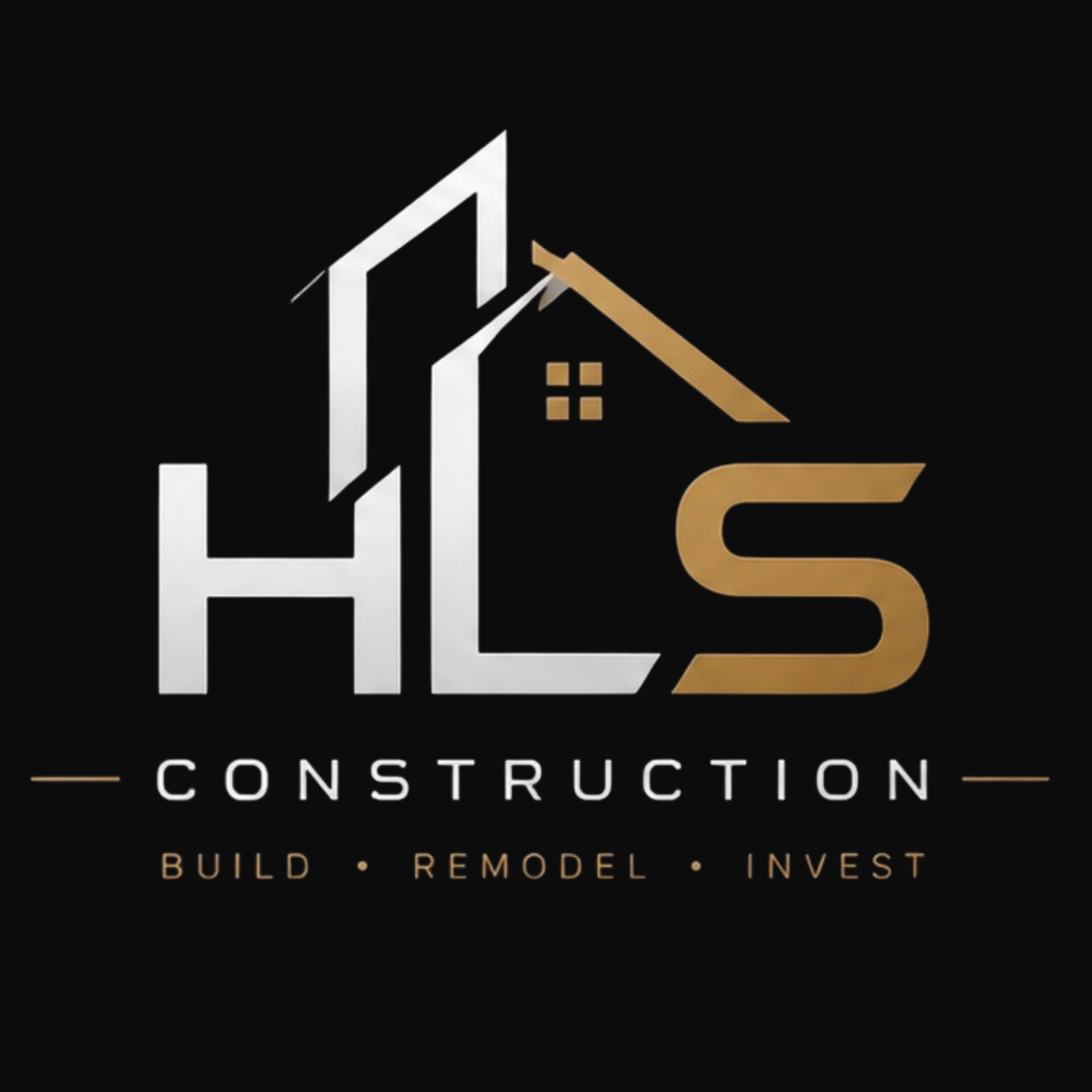 Construction company logo with a house outline, roof, and chimney design, featuring the words 'Building. Remodeling. Investing.' on a black background.