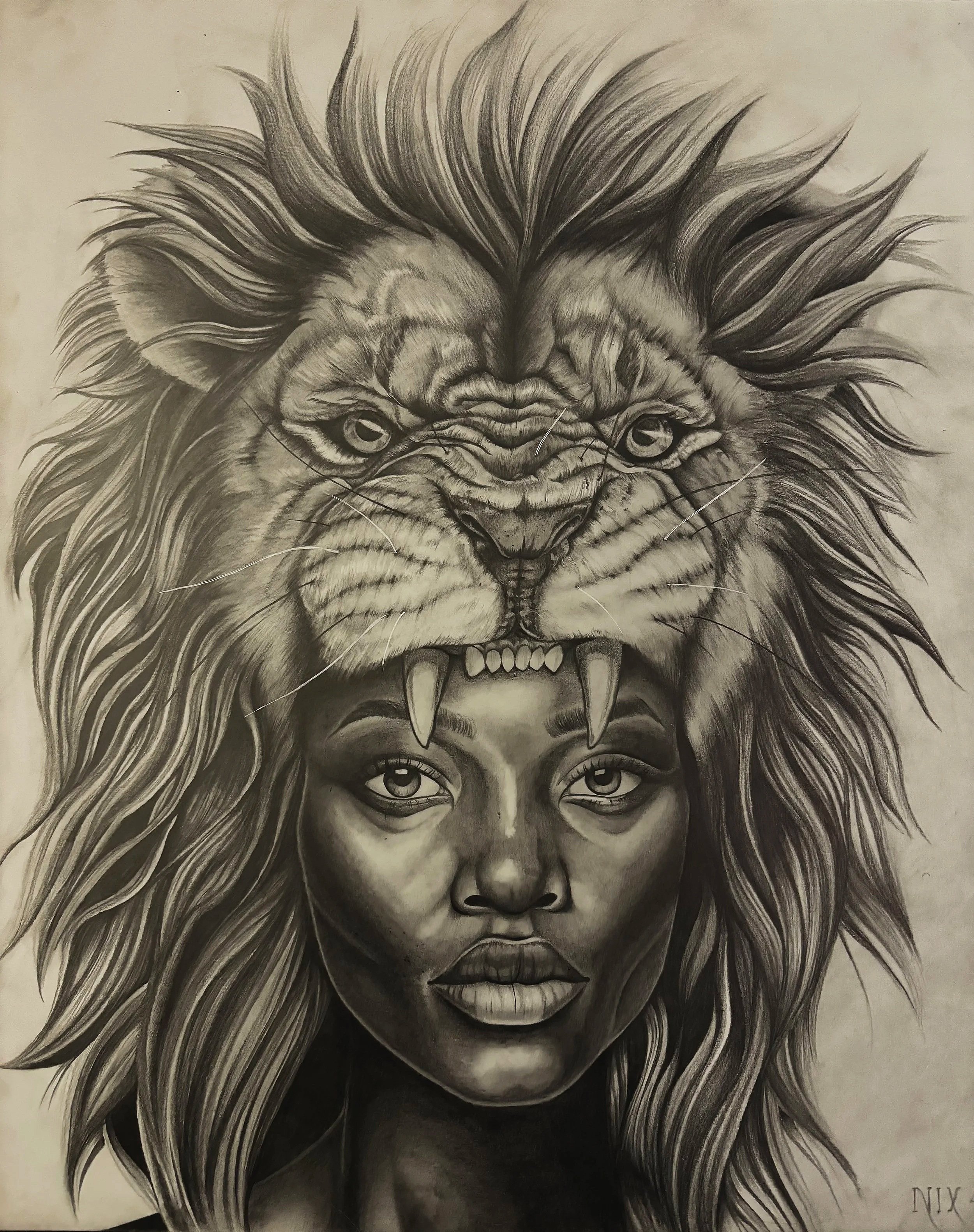 A detailed black-and-white drawing combining a woman's face with a lion's face. The lion's mane transitions into the woman's hair, blending seamlessly, with the lion's eyes above the woman's eyebrows and the lion's nose and mouth aligned with her lip