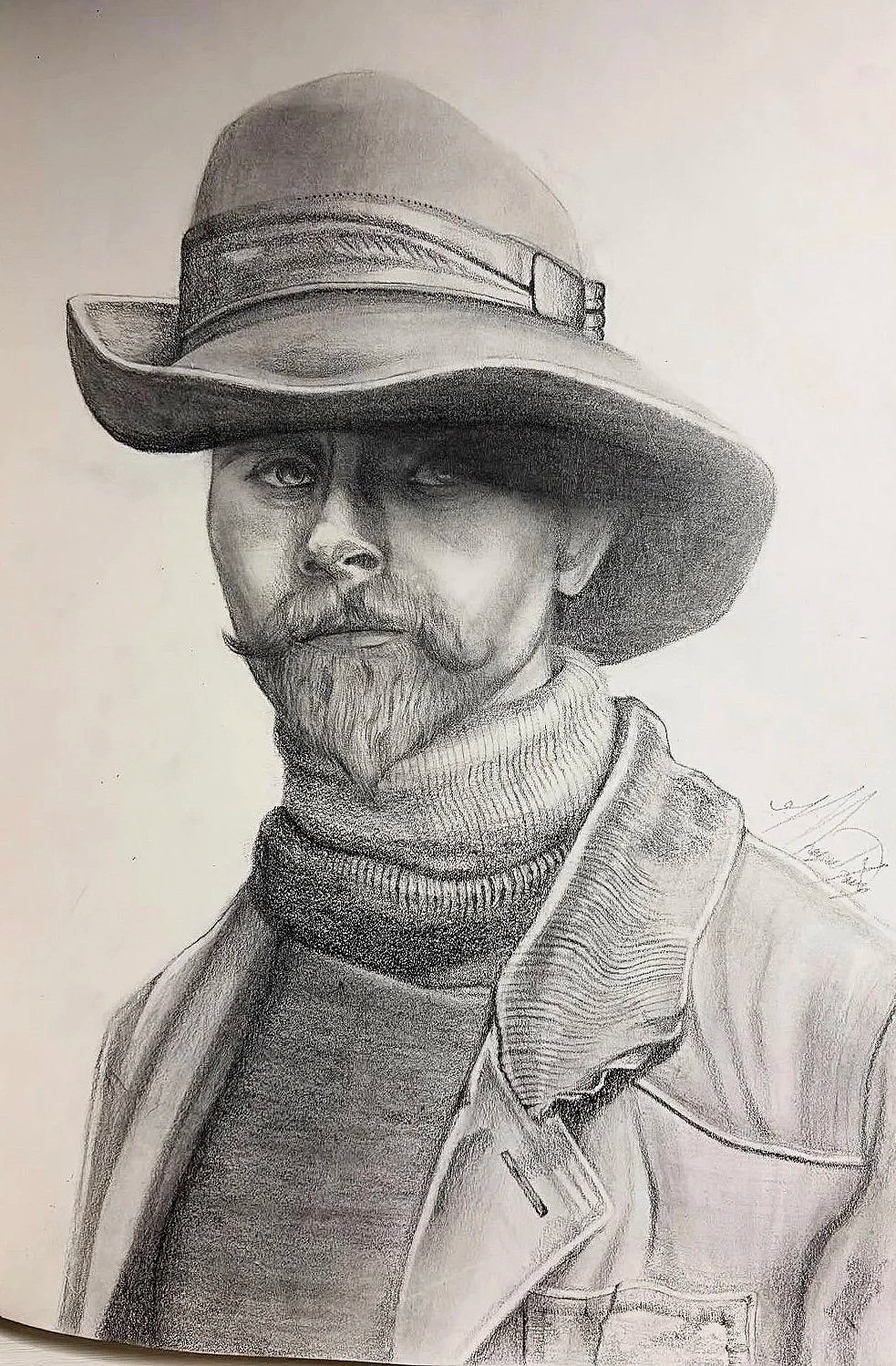 A detailed pencil sketch of a man wearing a wide-brimmed hat, a turtleneck sweater, and a jacket, with a beard and mustache, looking directly at the viewer.