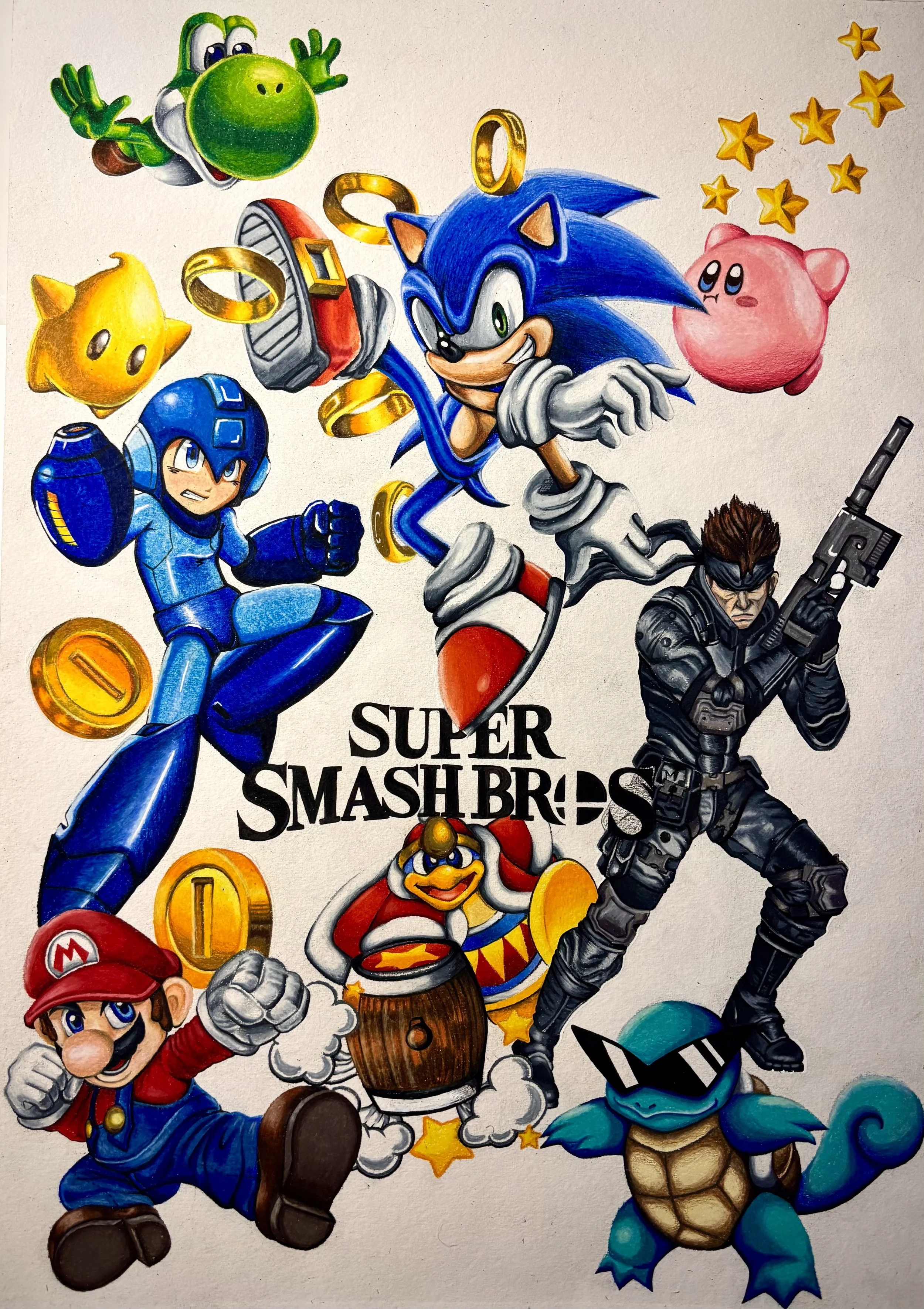 Colorful illustration of Nintendo characters including Mario, Luigi, Peach, Bowser, Yoshi, and other Super Smash Bros. characters with gold coins and stars.