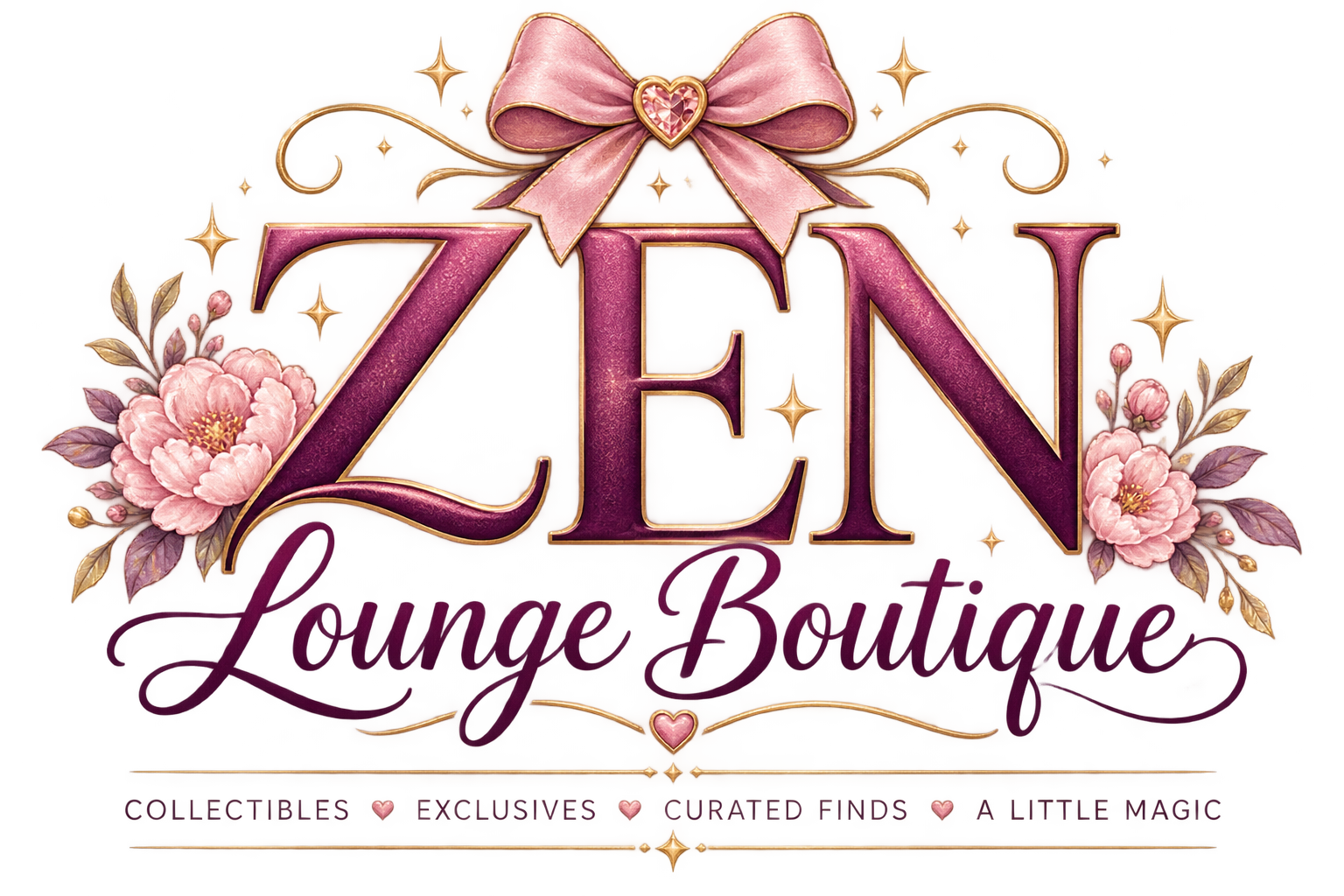 Logo for ZEN Lounge Boutique with pink flowers, a pink bow with a heart, and gold accents. Subtext reading: 'Collectibles, Exclusives, Curated Finds, A Little Magic.'