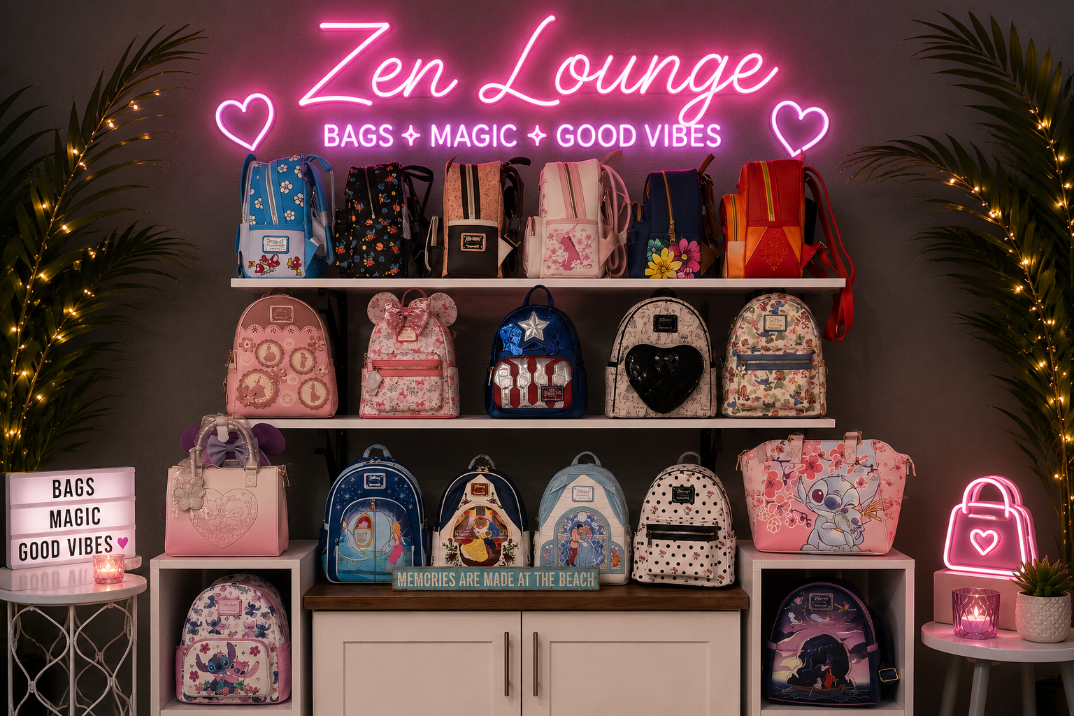 Display of assorted loungefly bags in a dimly lit showroom