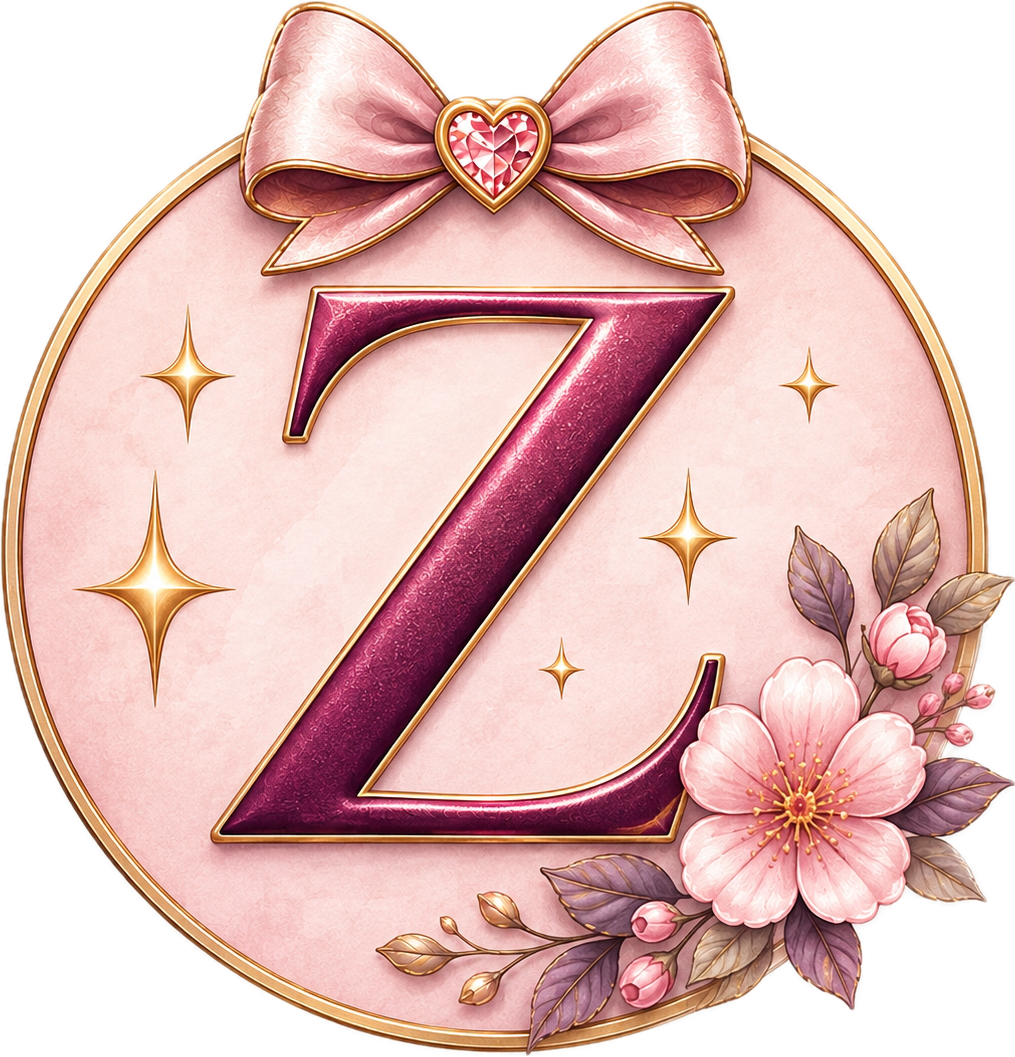 Decorative pink and gold circular emblem with a large number 7 in the center, adorned with a pink bow at the top and pink flowers and leaves at the bottom.