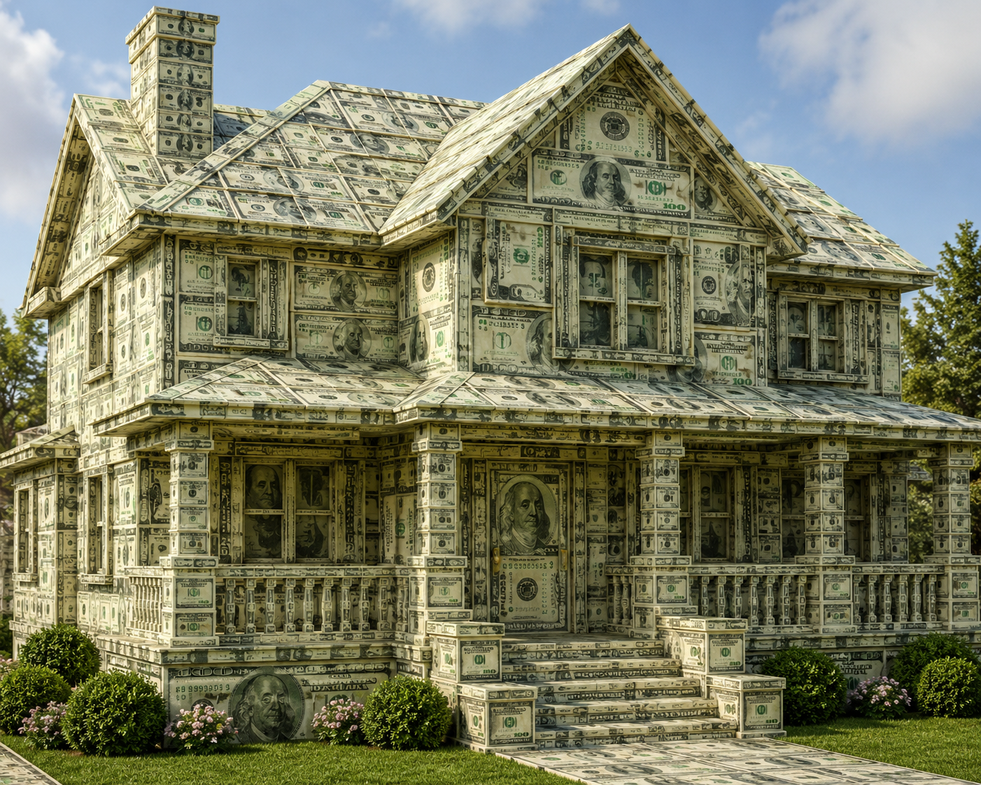 A house made entirely of hundred-dollar bills with a front porch, windows, and roof, surrounded by small bushes and flowers, under a blue sky.