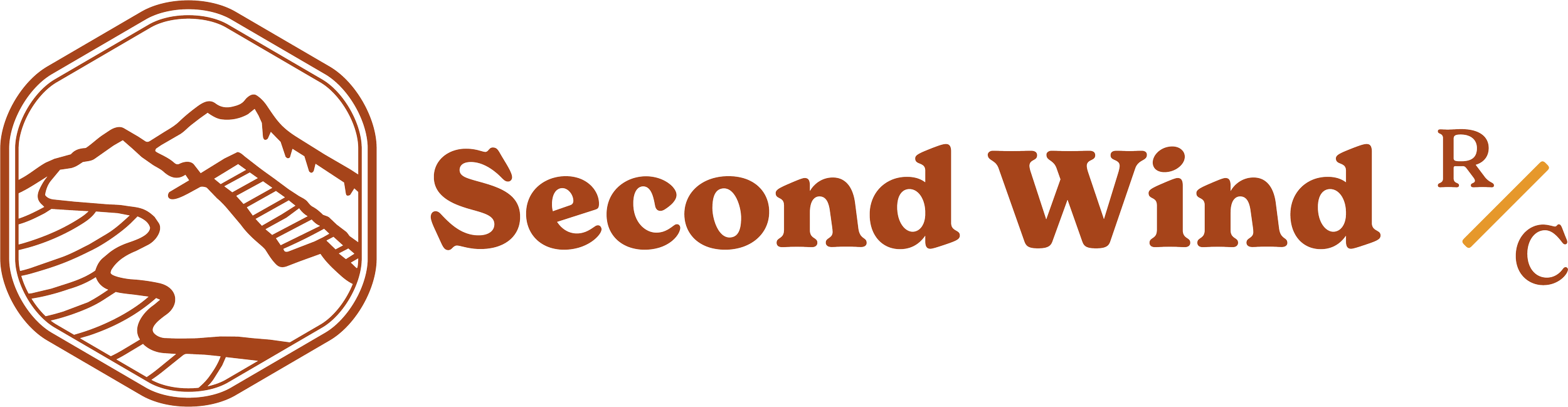 Logo of Second Wind Ranch with a mountain, vineyard, and river illustration
