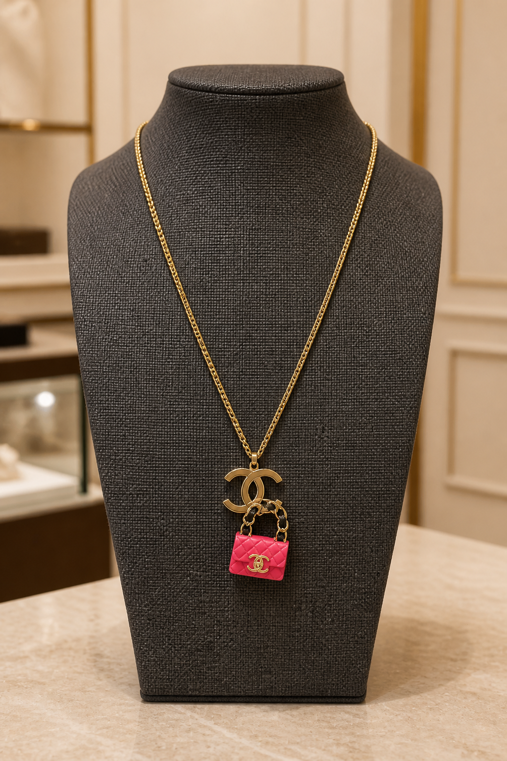 Flirty Designer-Inspired Gold Chain Necklace with Pink Handbag Charm
