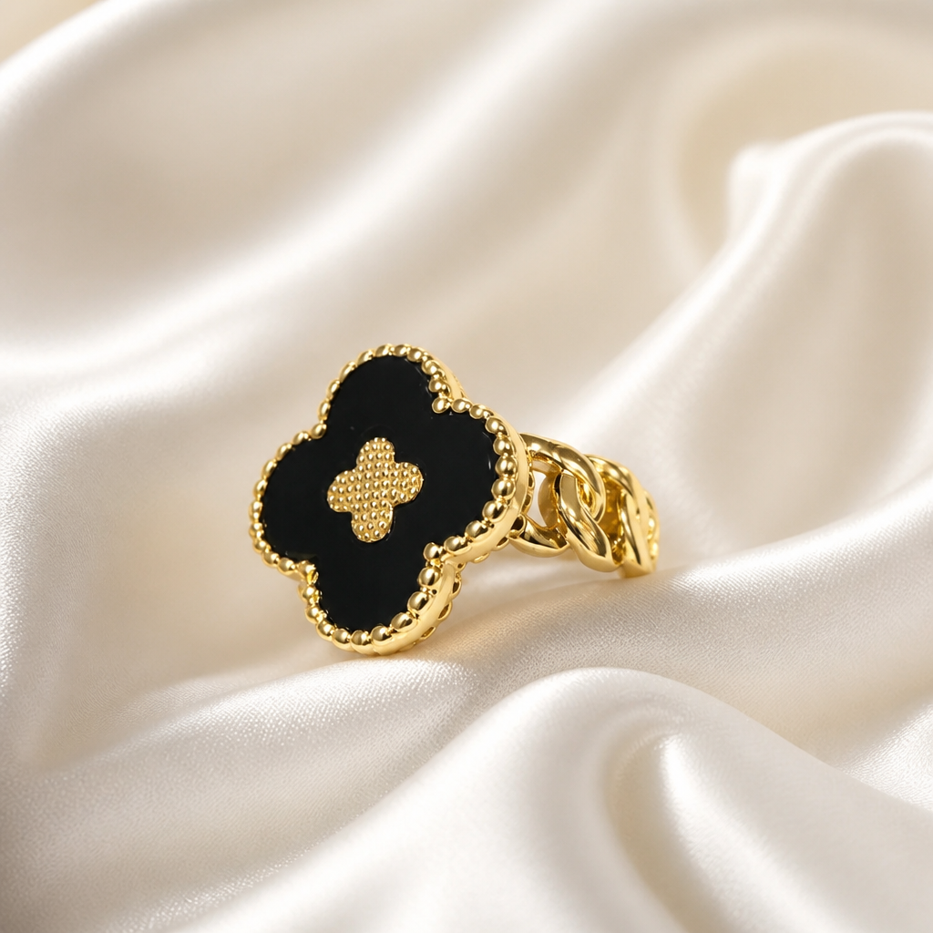 Luxury Designer-Inspired Black Enamel Clover Ring