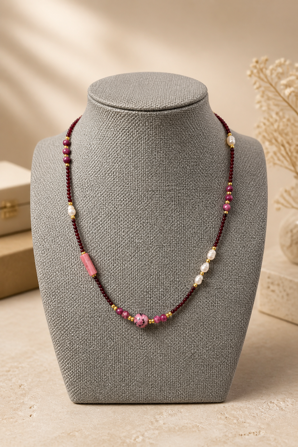 Elegant Pearl & Pink Bead Choker Necklace