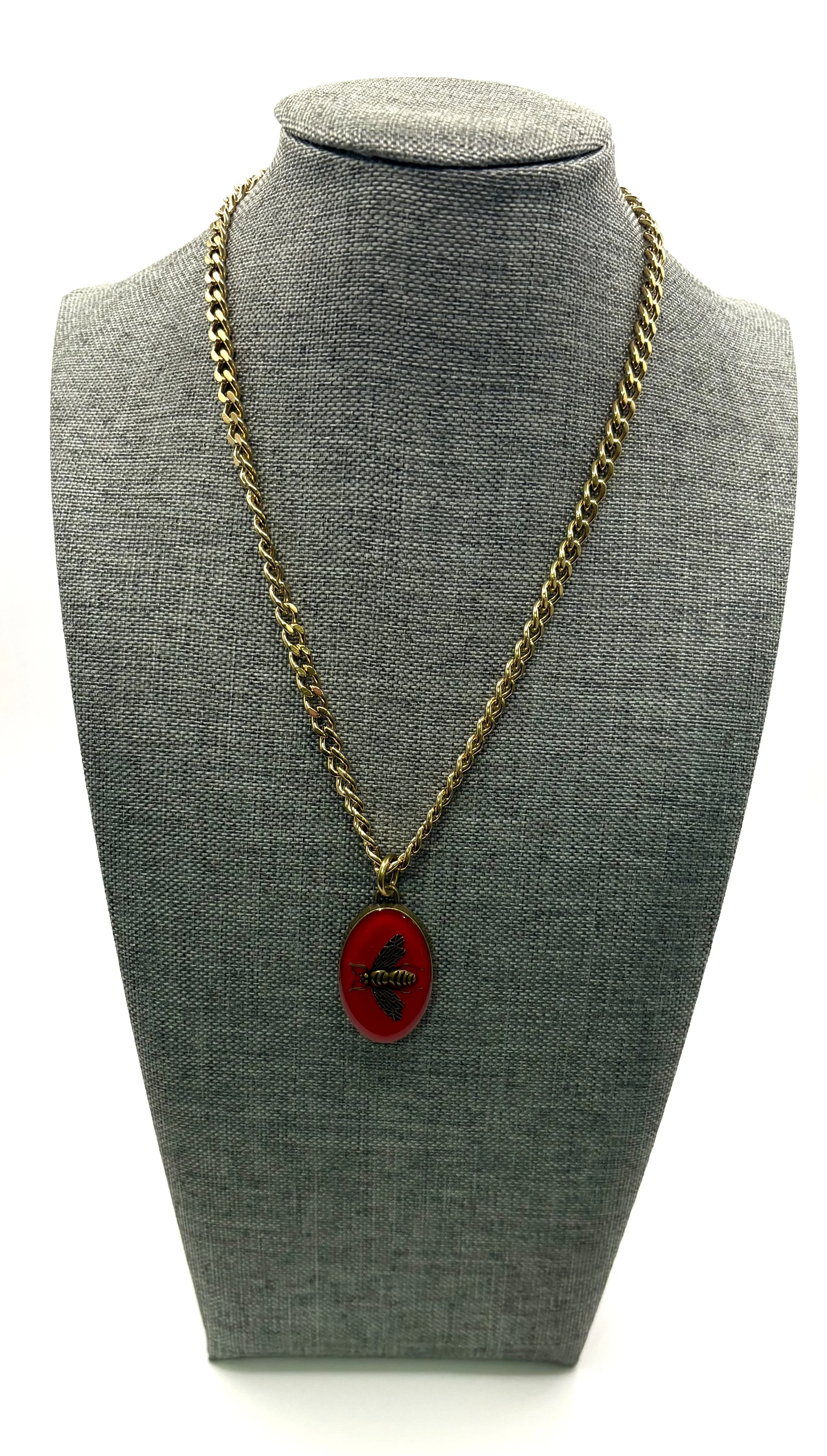 Designer-Inspired Gold Chain Necklace with Red Bee Pendant