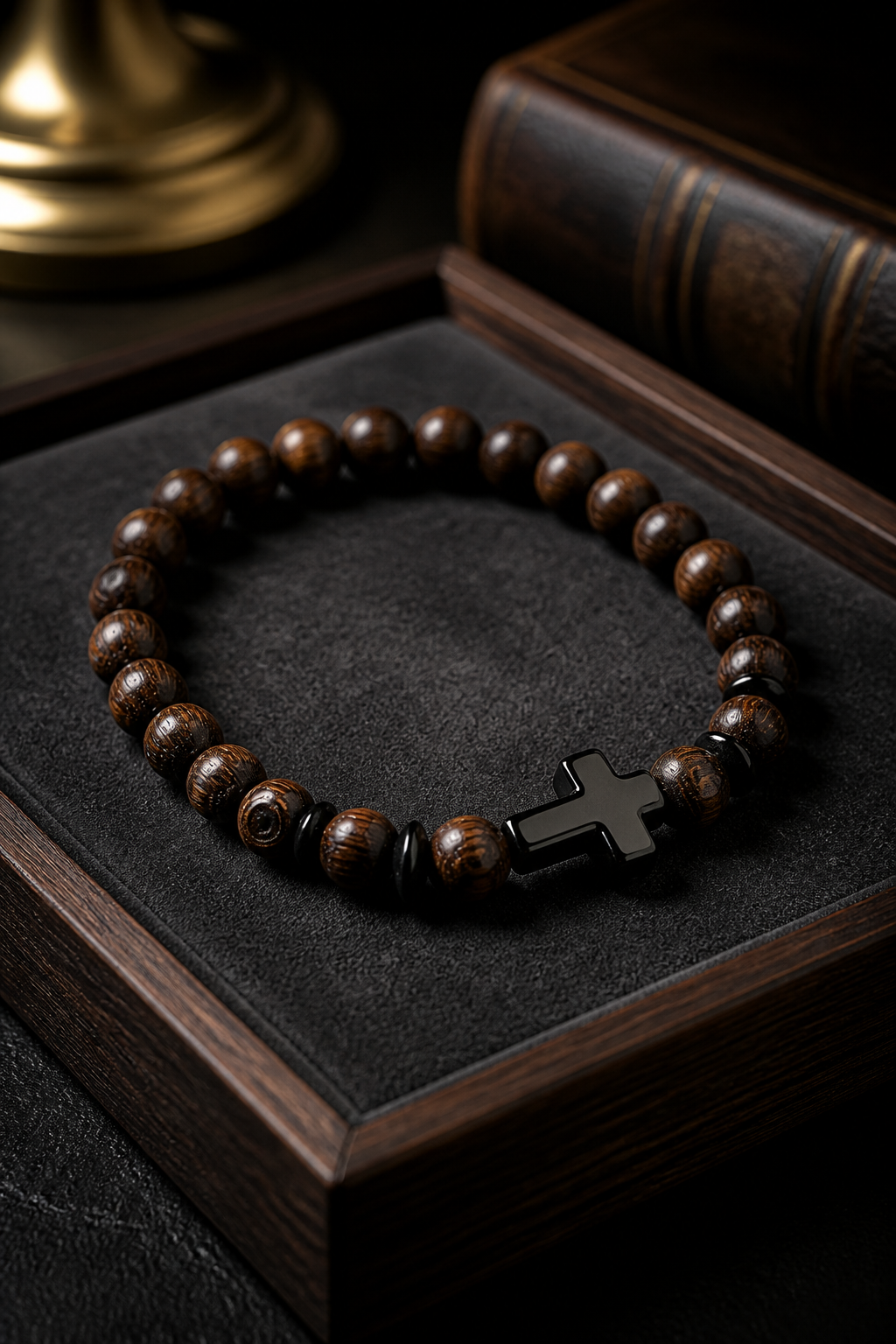 Handcrafted Wooden Bead Bracelet with Cross Charm
