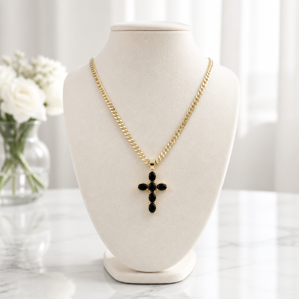 Gold Cross Pendant with Cuban Curb Necklace with Black Stones